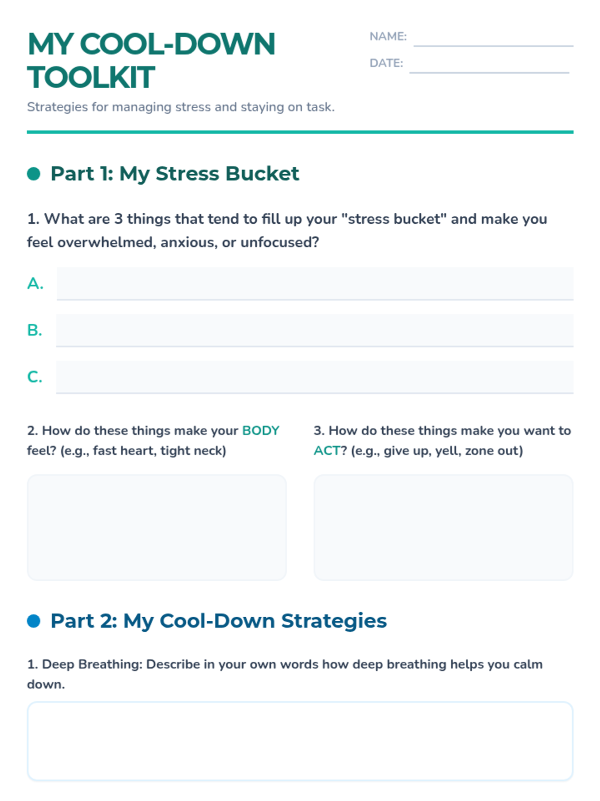 My Cool Down Toolkit Worksheet • Material • Lenny Learning