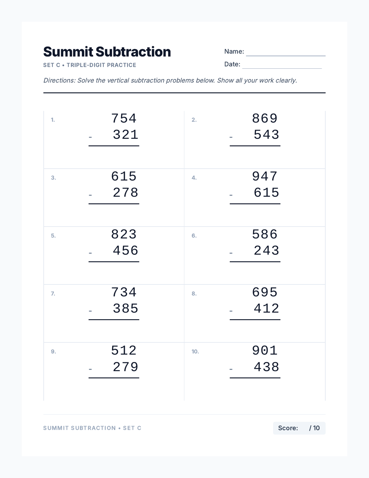 Summit Subtraction Worksheet 3 page 1