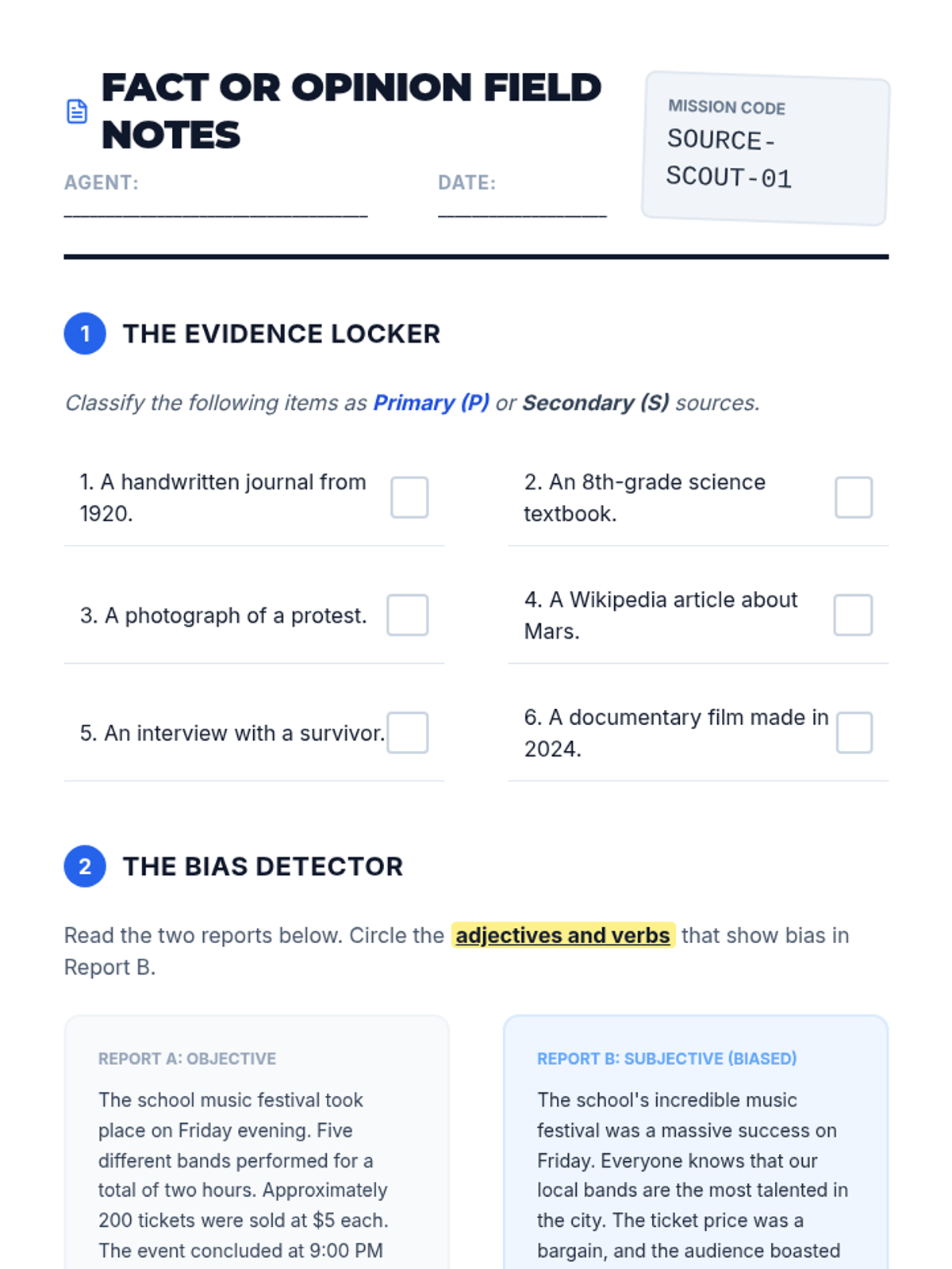 Fact or Opinion Field Notes Worksheet