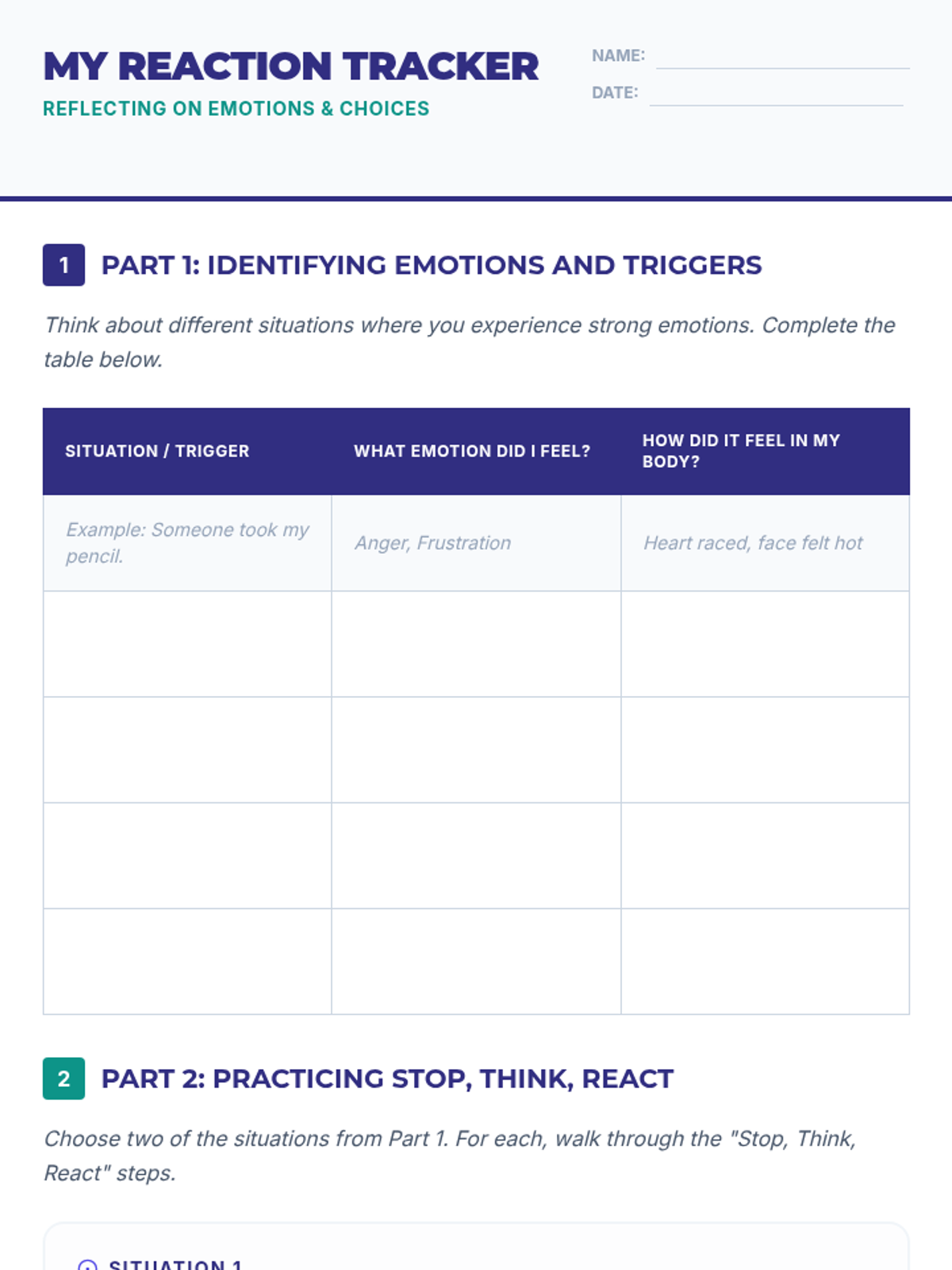 My Reaction Tracker Worksheet • Material • Lenny Learning