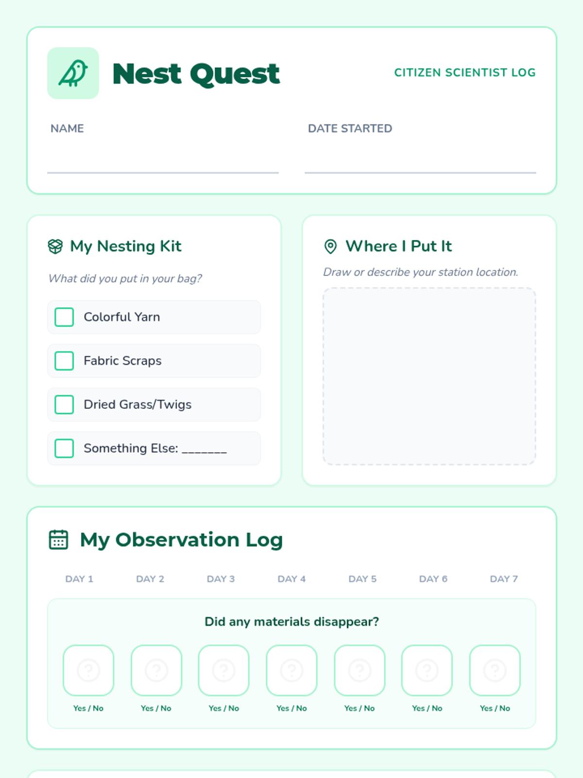 Nest Quest Observation Log Worksheet • Material • Lenny Learning