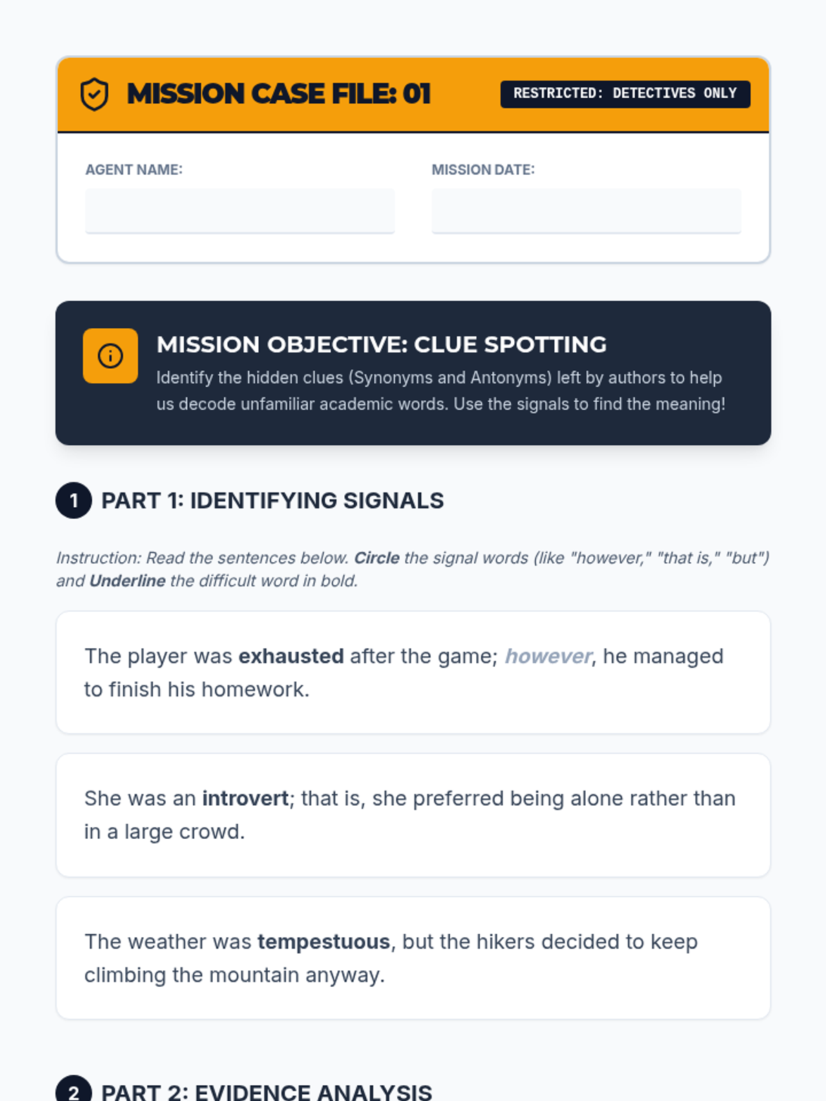 Clue Spotters Worksheet