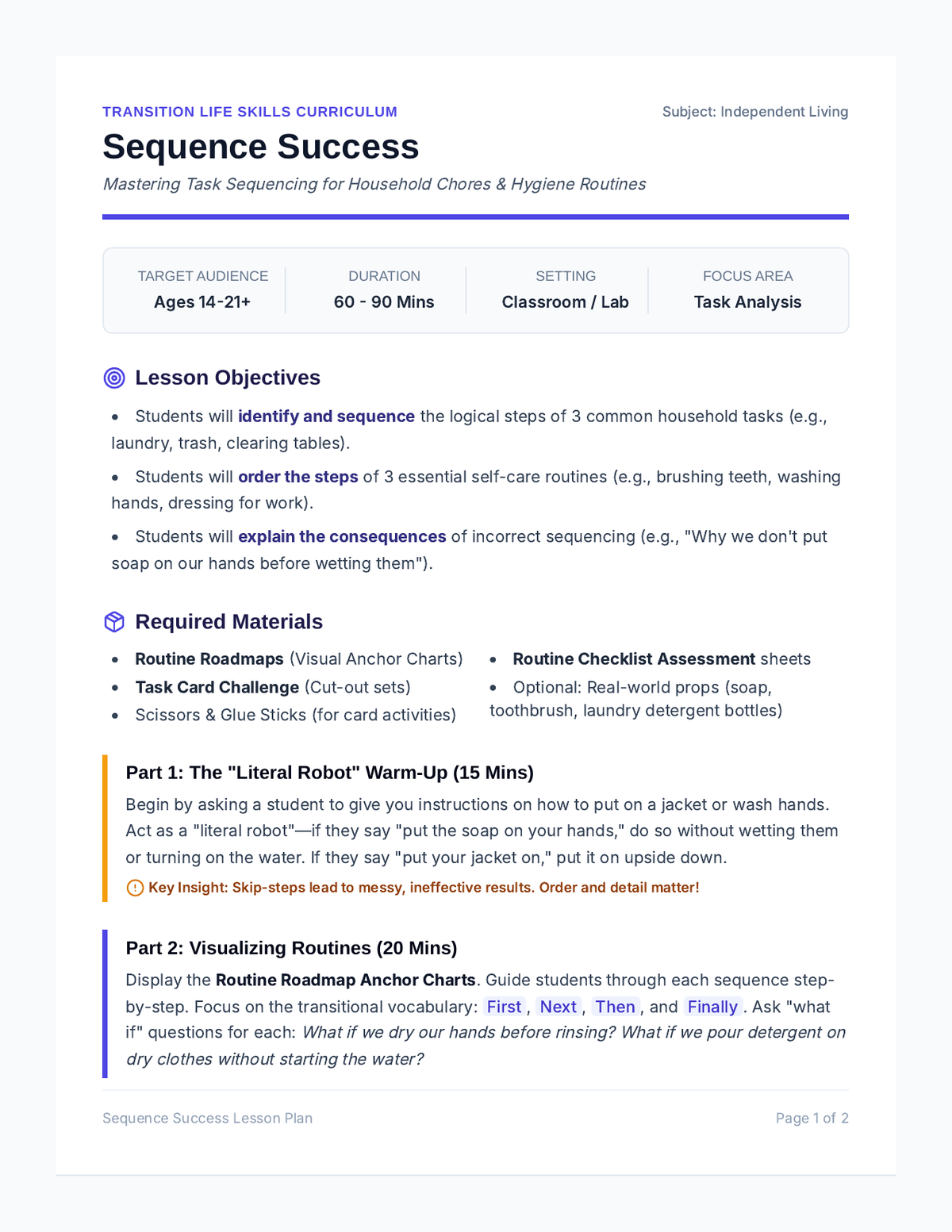 Sequence Success Lesson Plan page 1