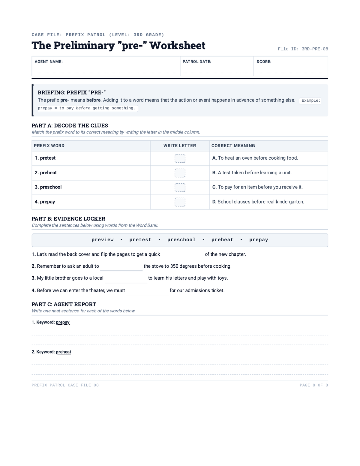 Prefix Patrol Pre Worksheet page 1