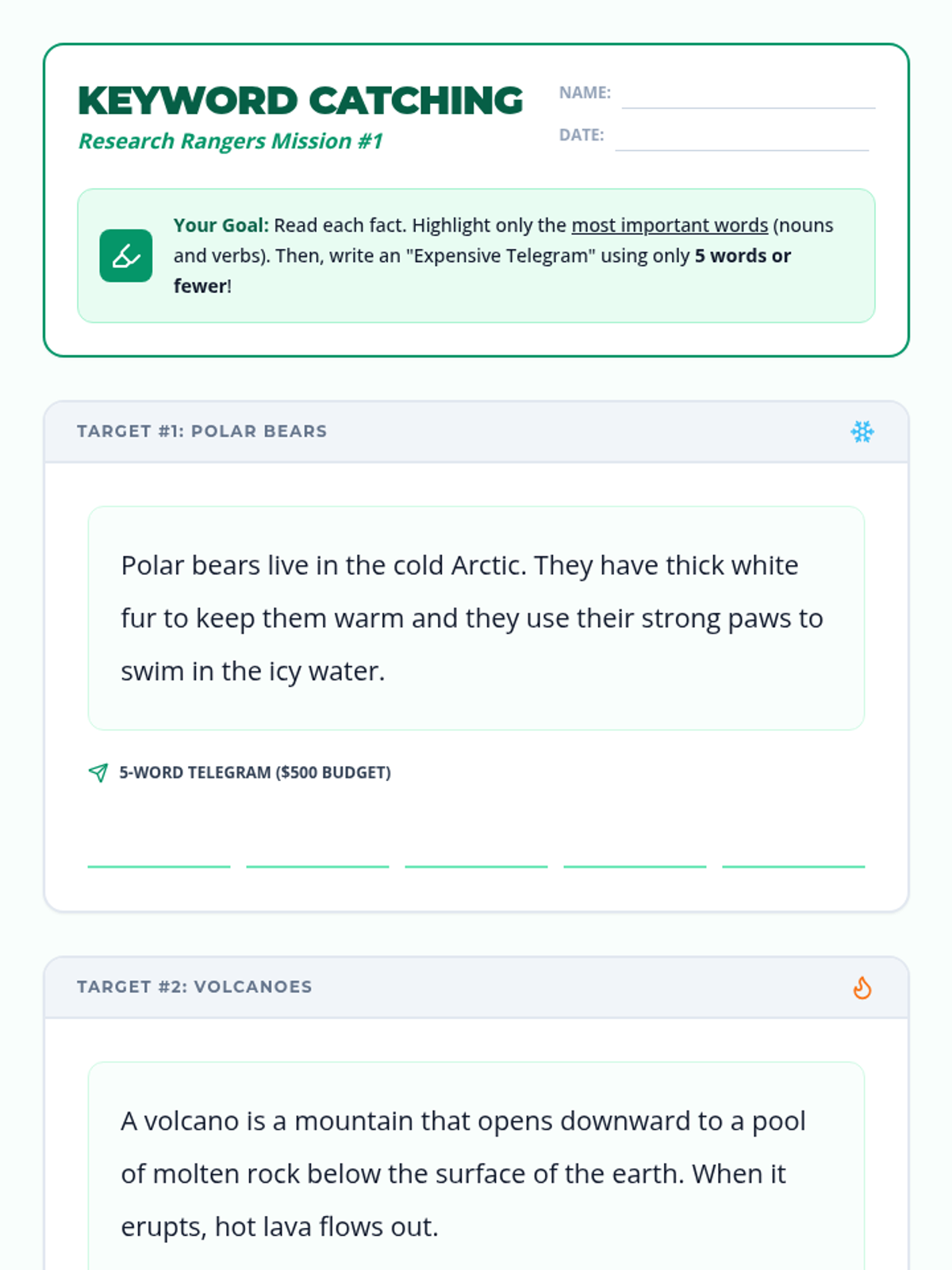 Keyword Catching Worksheet