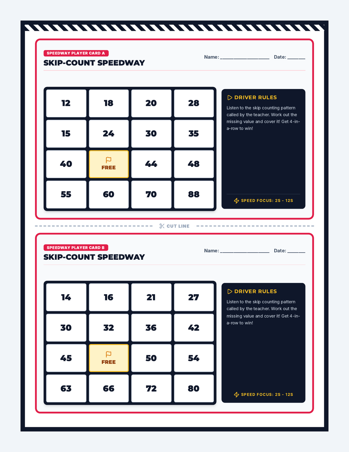 Speedway Bingo Cards page 1