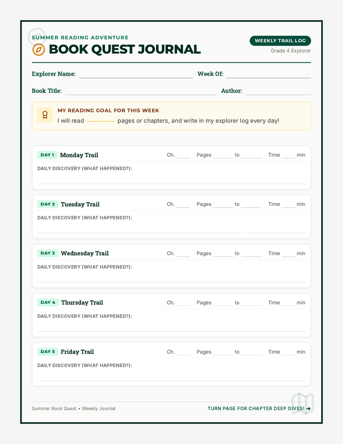 Book Quest Weekly Journal page 1