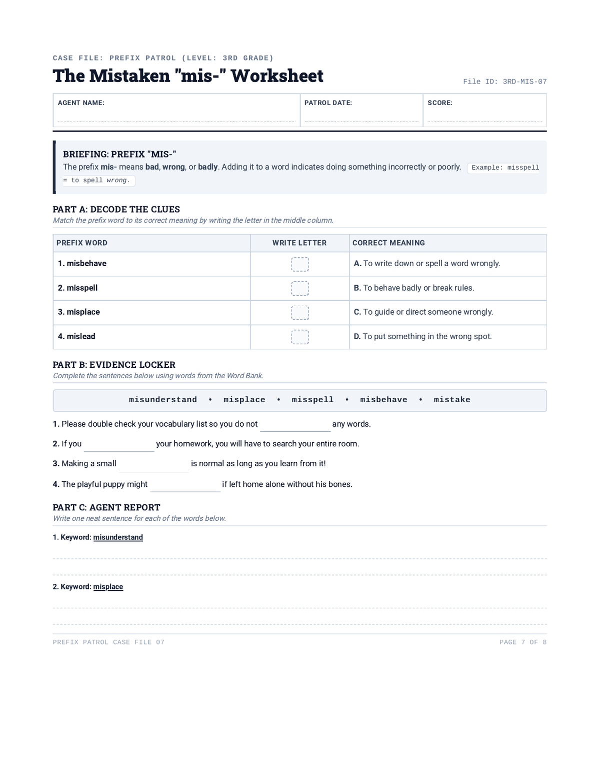 Prefix Patrol Mis Worksheet page 1
