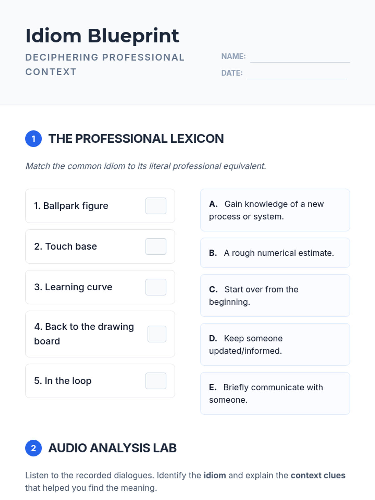 Idiom Blueprint Worksheet