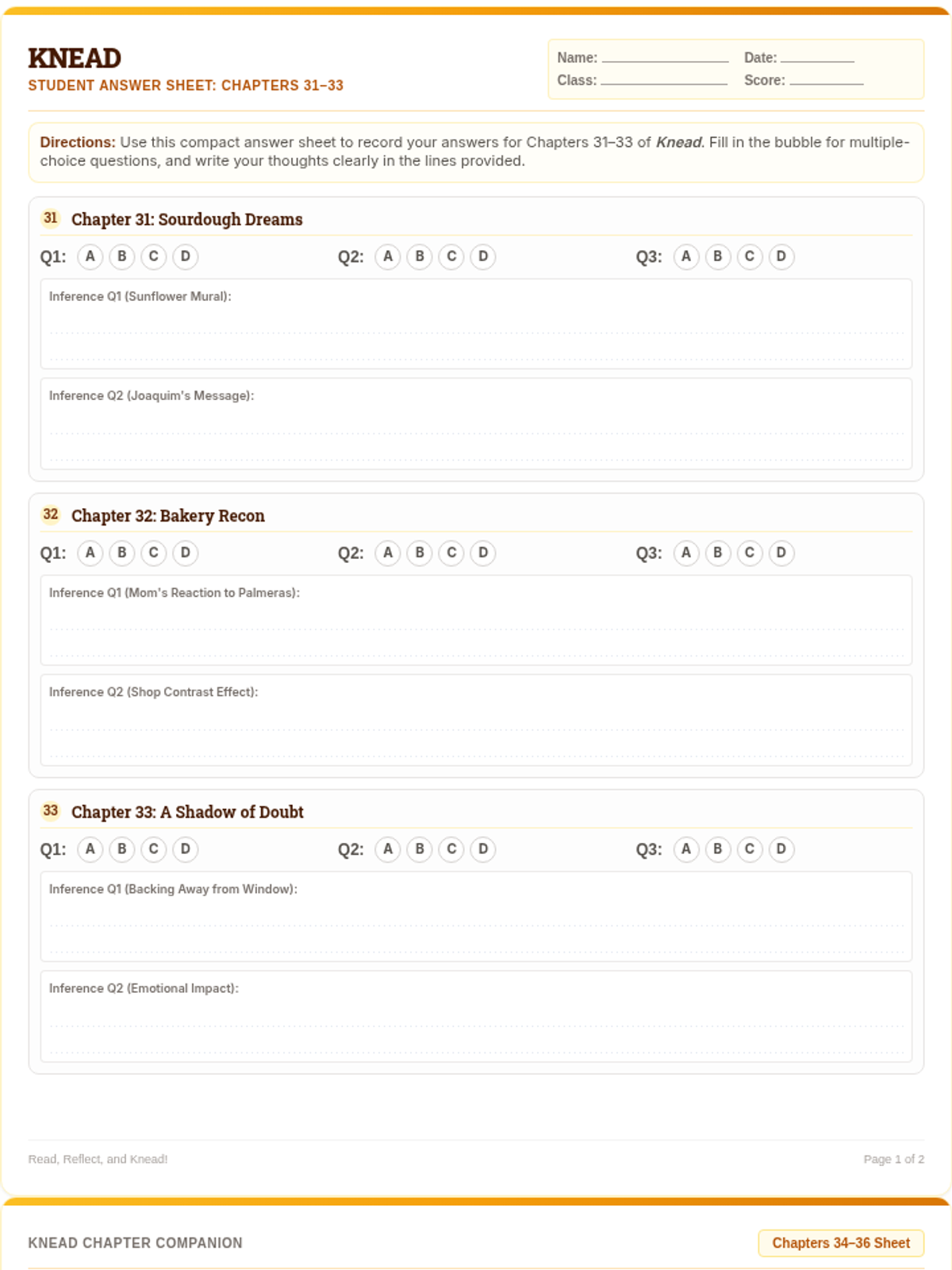 Knead Student Answer Sheet