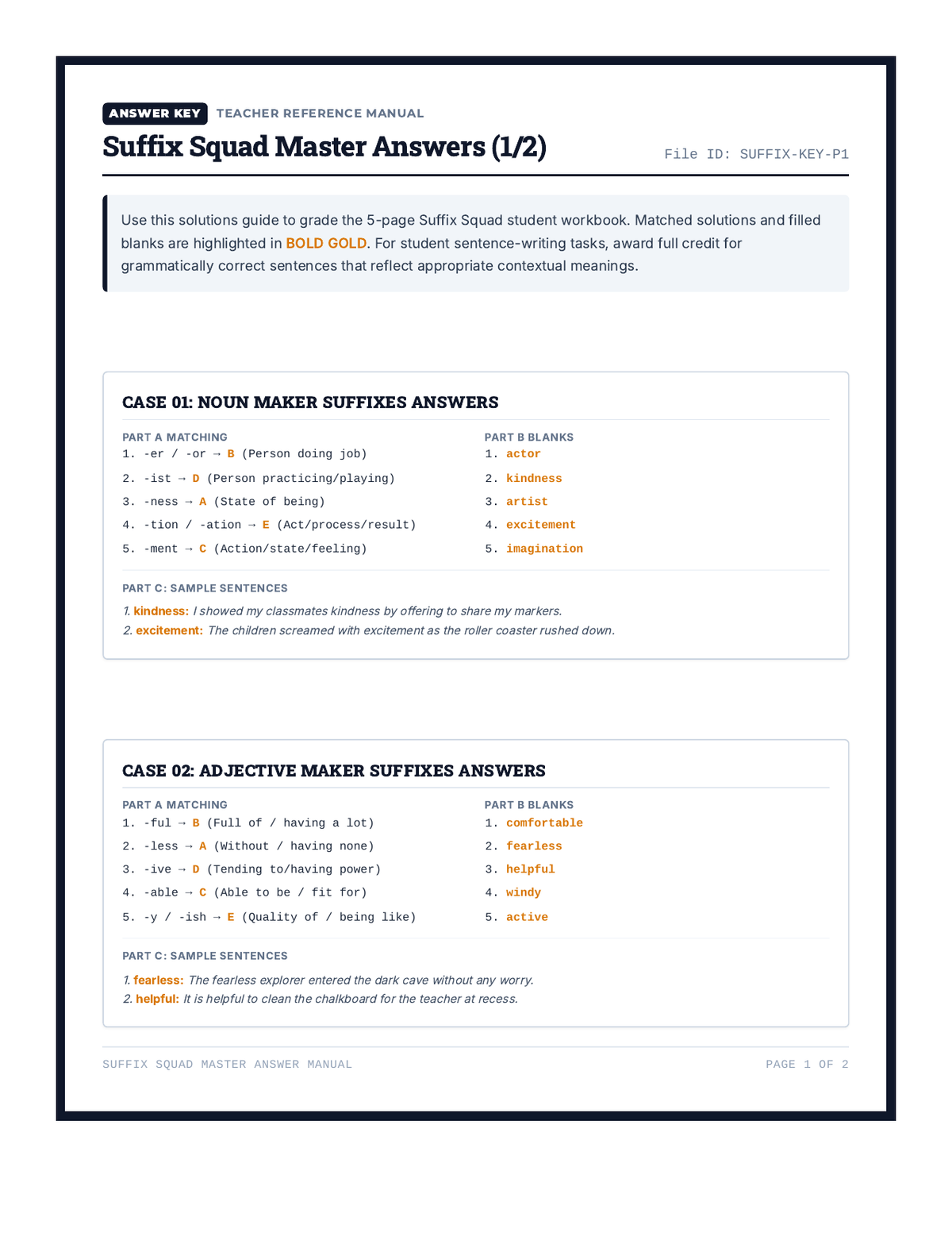 Suffix Squad Teacher Answer Key page 1
