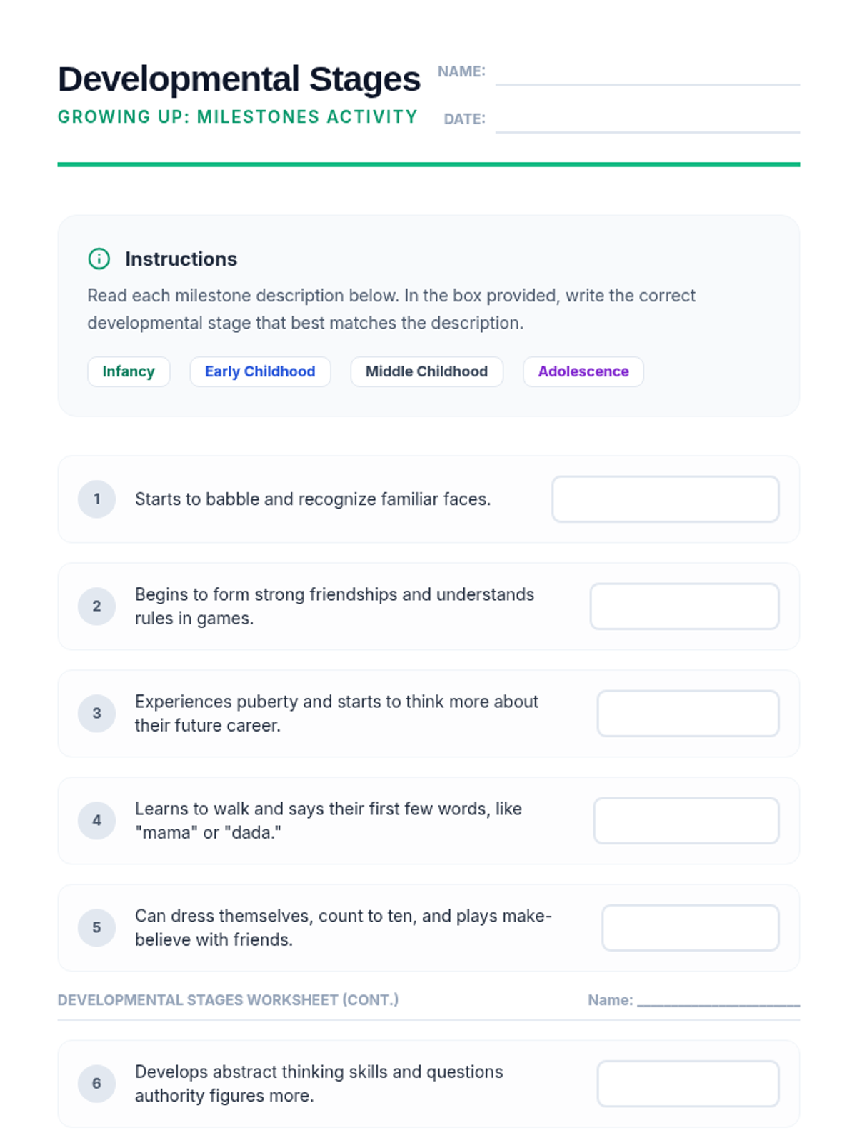 Developmental Stages Worksheet • Material • Lenny.com