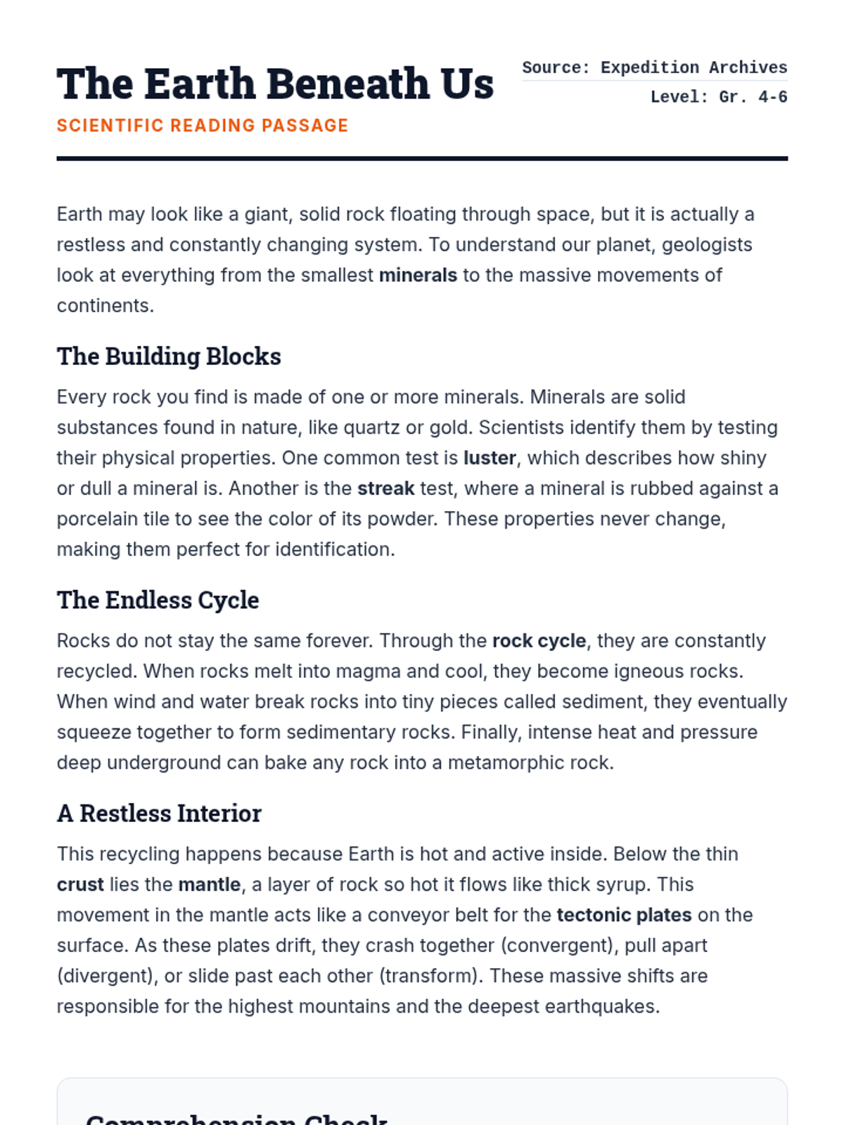 The Earth Beneath Us Reading Passage