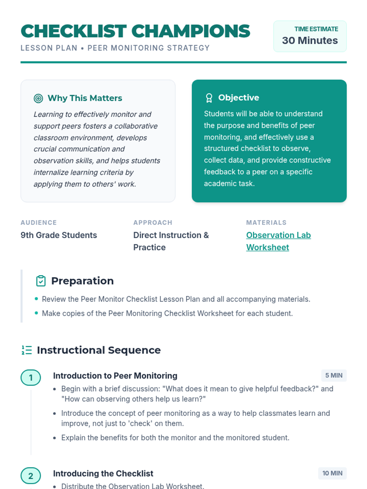 Peer Check Lessons Peer Monitor Checklist • Lesson • Lenny Learning