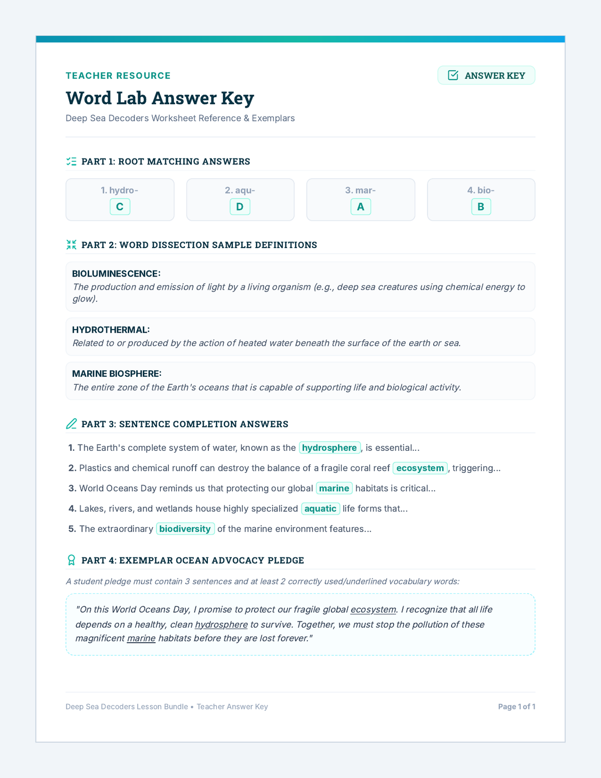 Deep Sea Decoders Roots Review Answer Key page 1