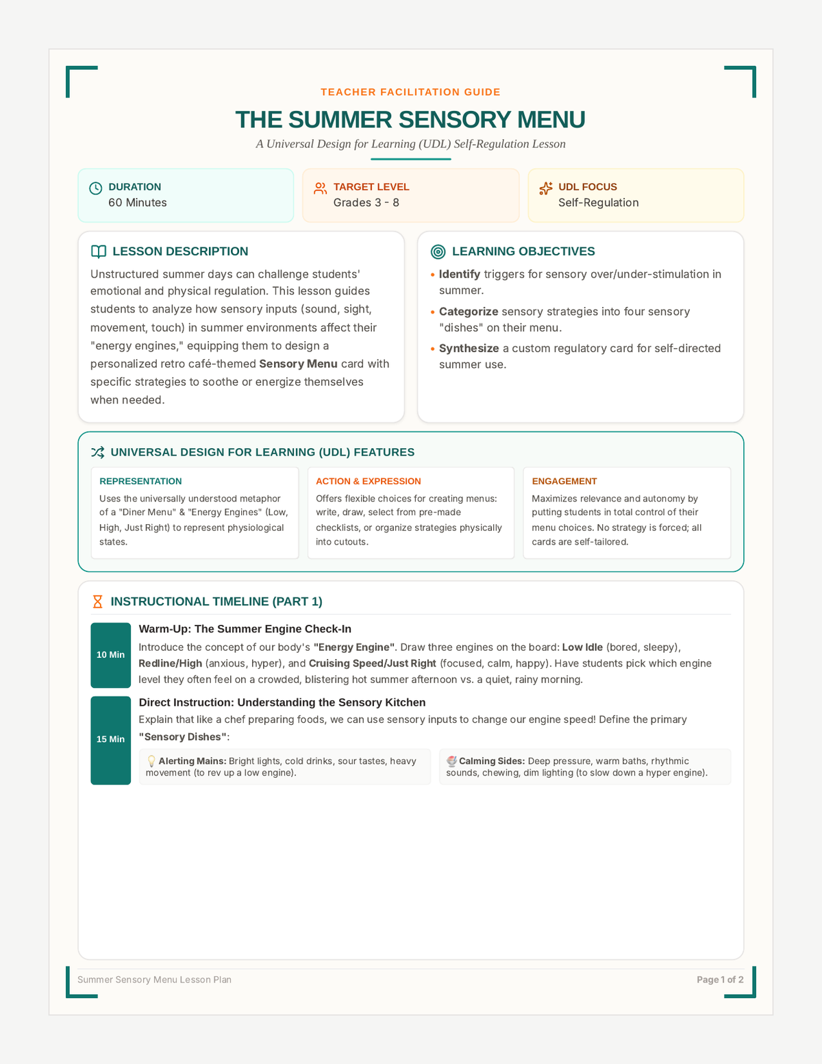 Sensory Cafe Lesson Plan page 1