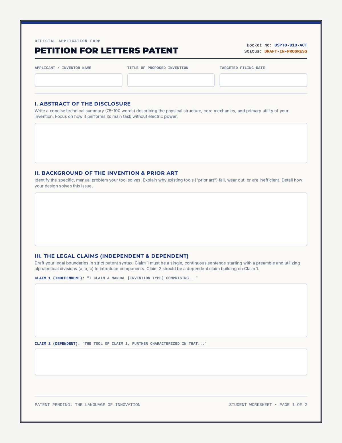 Invention Patent Worksheet page 1