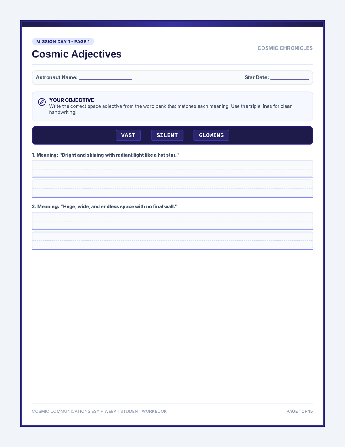 Cosmic Chronicles Worksheet Pack page 1