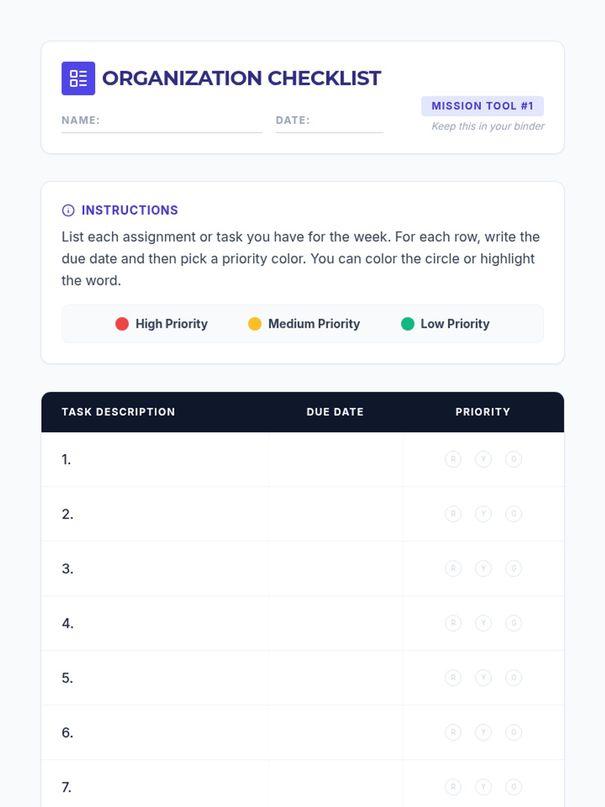Organization Checklist Activity Sheet • Material • Lenny Learning