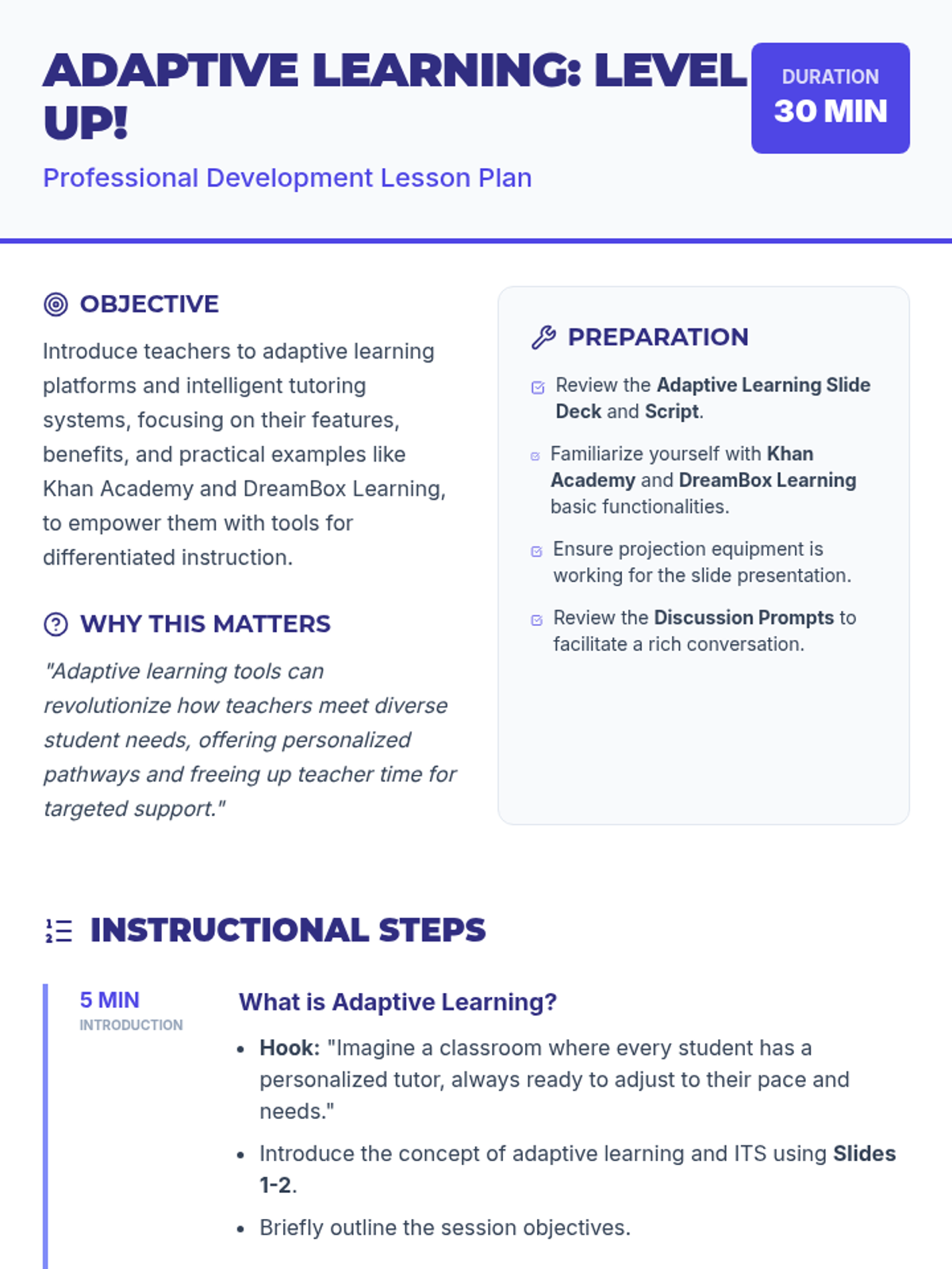 Adaptive Learning Lesson Plan • Material • Lenny Learning