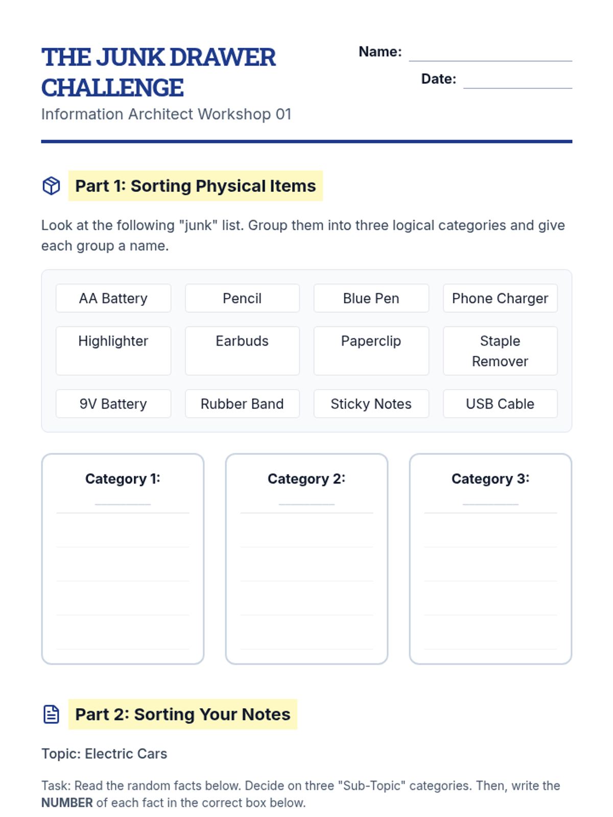 Sorting the Junk Drawer Worksheet
