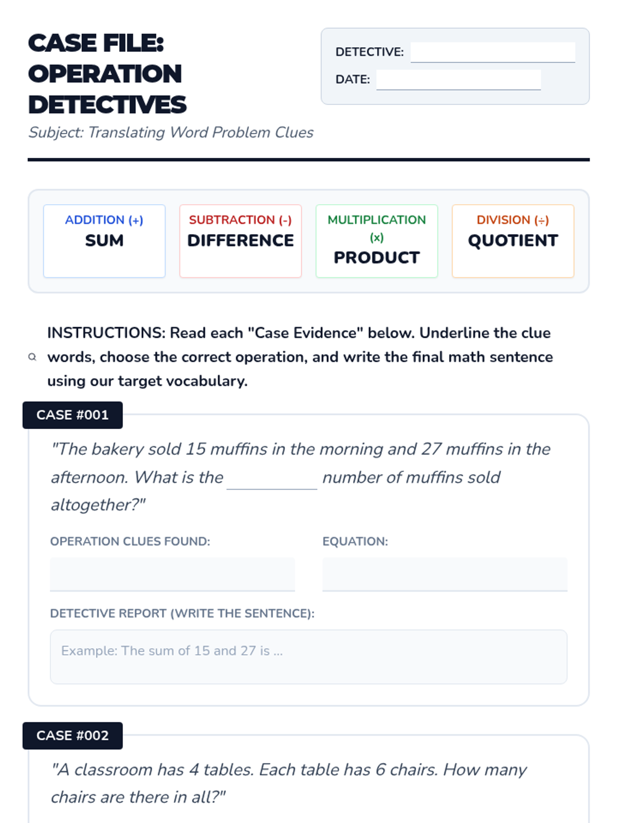 Operation Detectives Worksheet