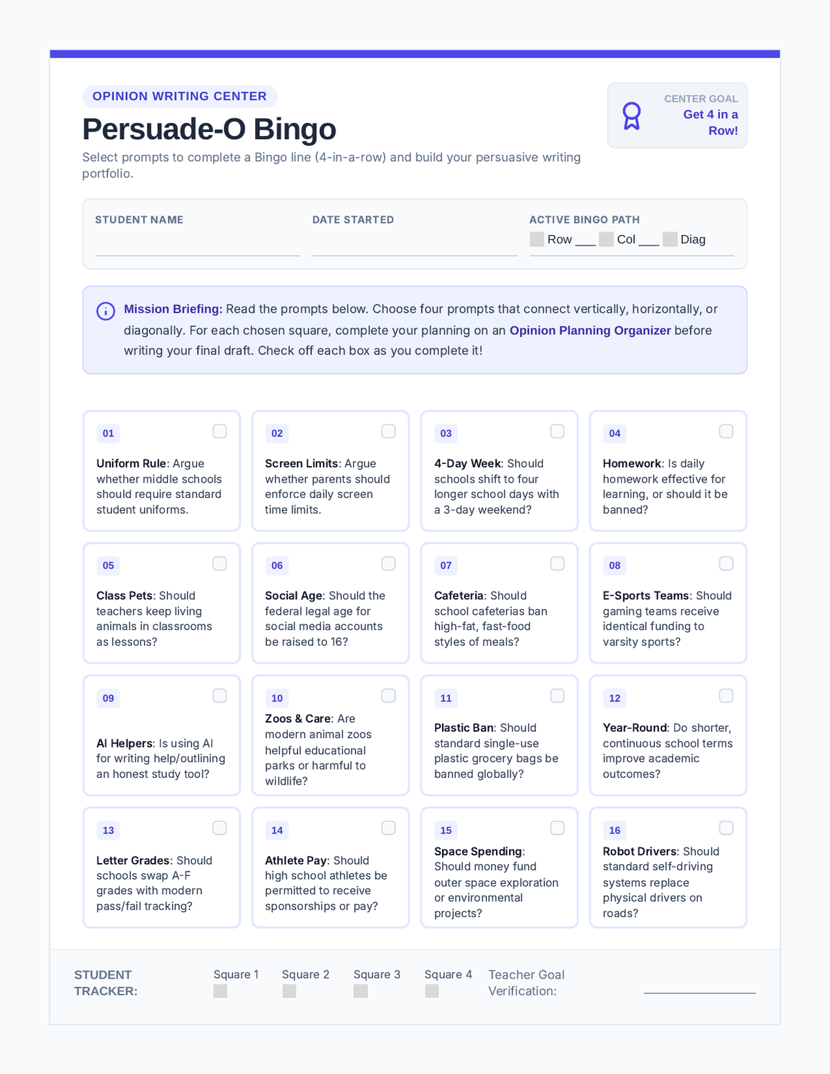 Opinion Bingo Board page 1