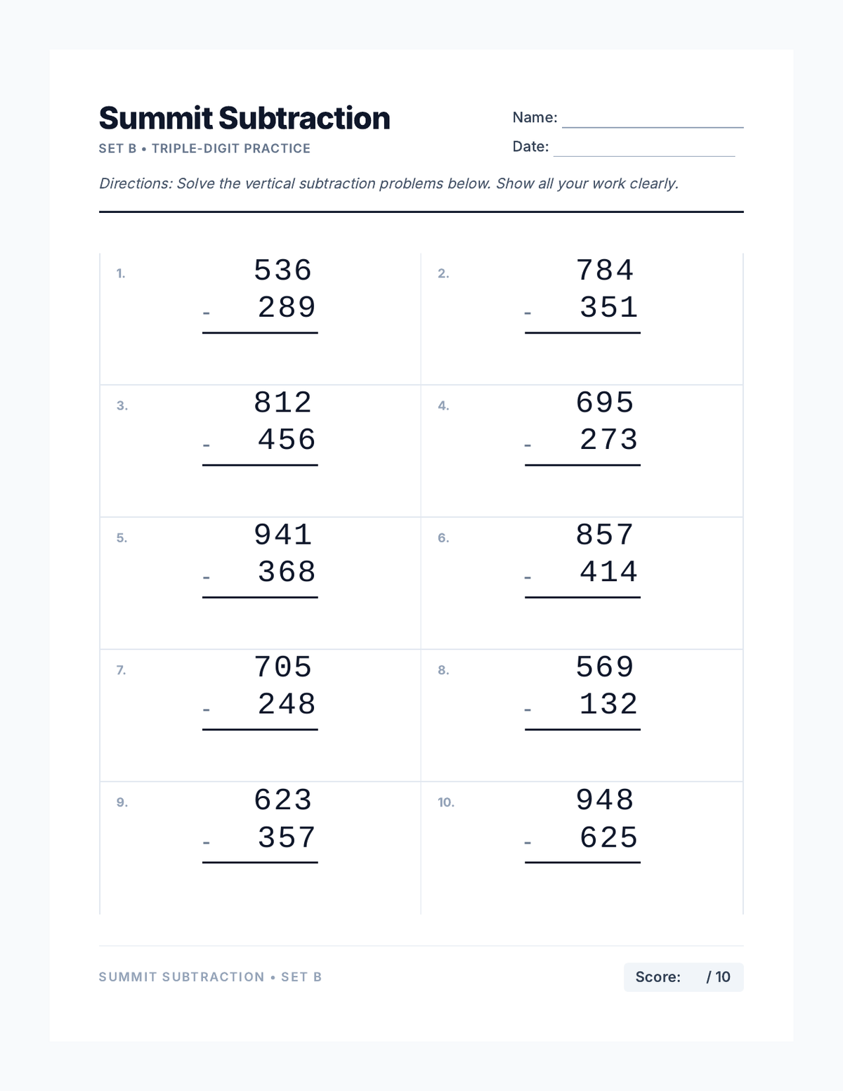 Summit Subtraction Worksheet 2 page 1
