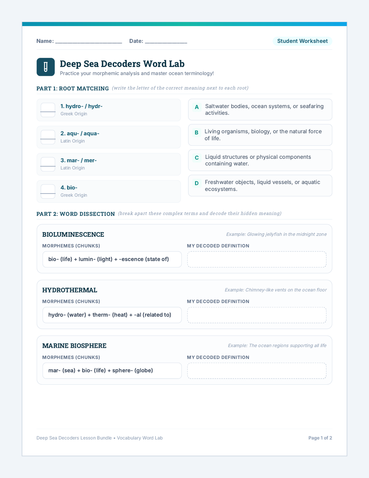Deep Sea Decoders Word Lab Worksheet page 1
