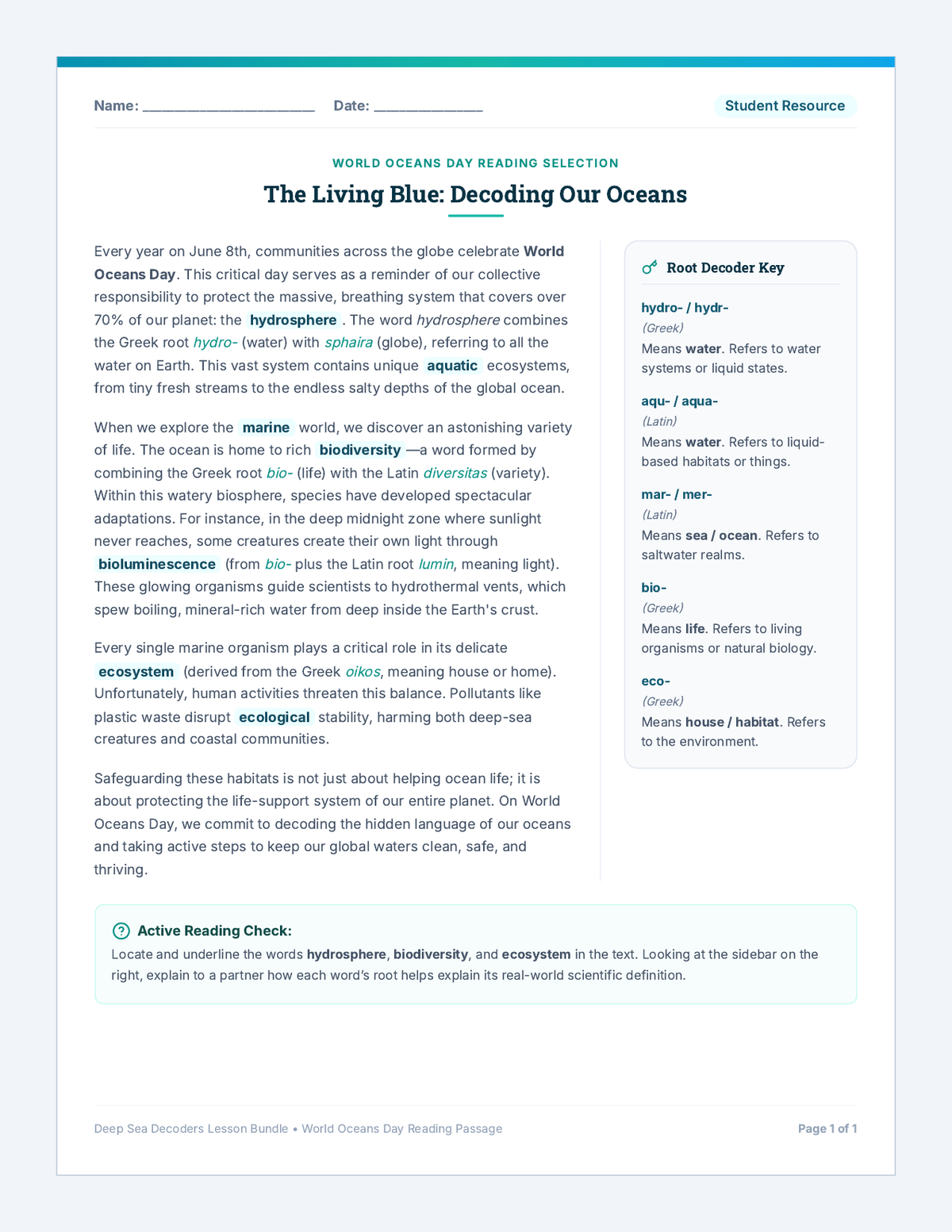 Deep Sea Decoders Reading Passage page 1