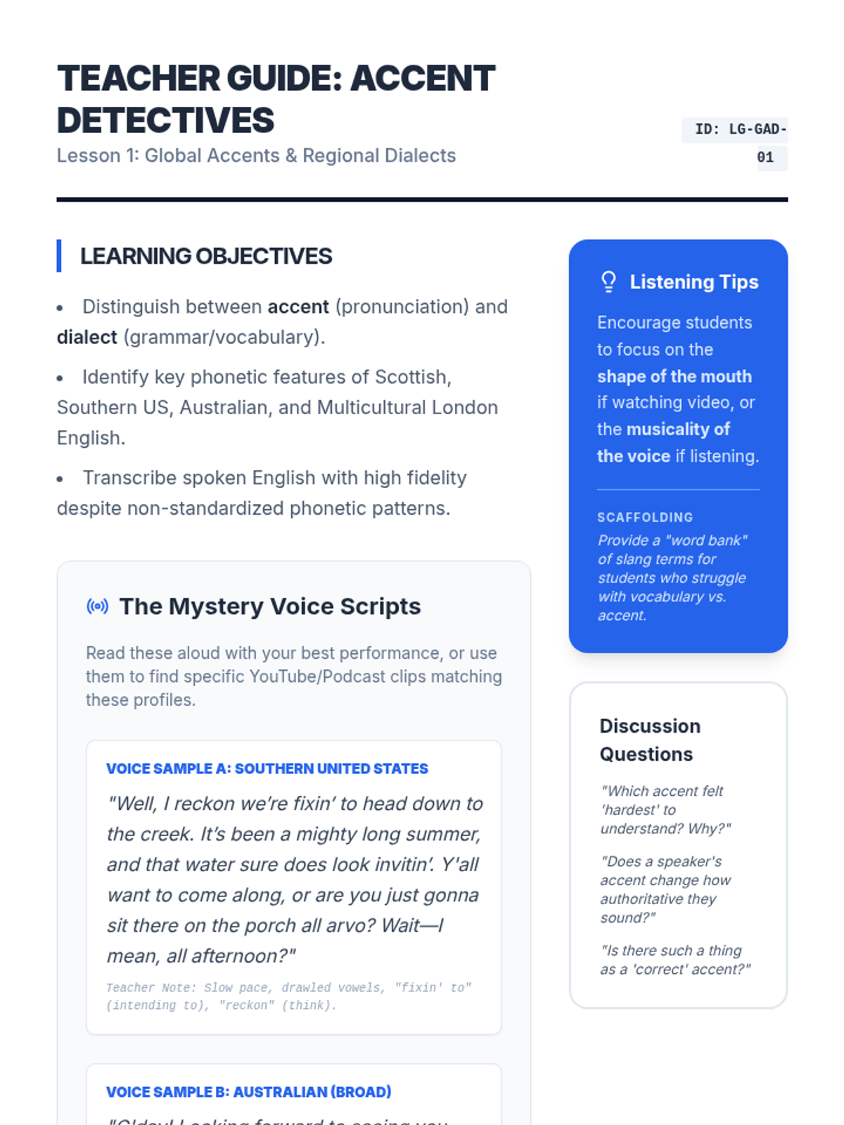 Accent Detective Teacher Guide