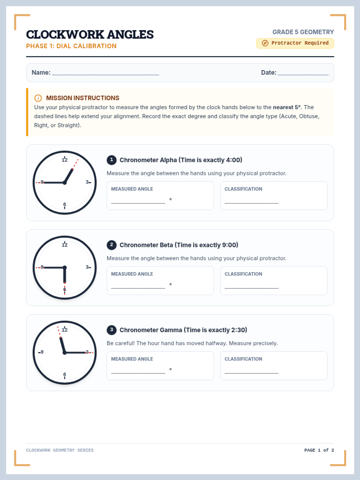 Clockwork Angles Worksheet