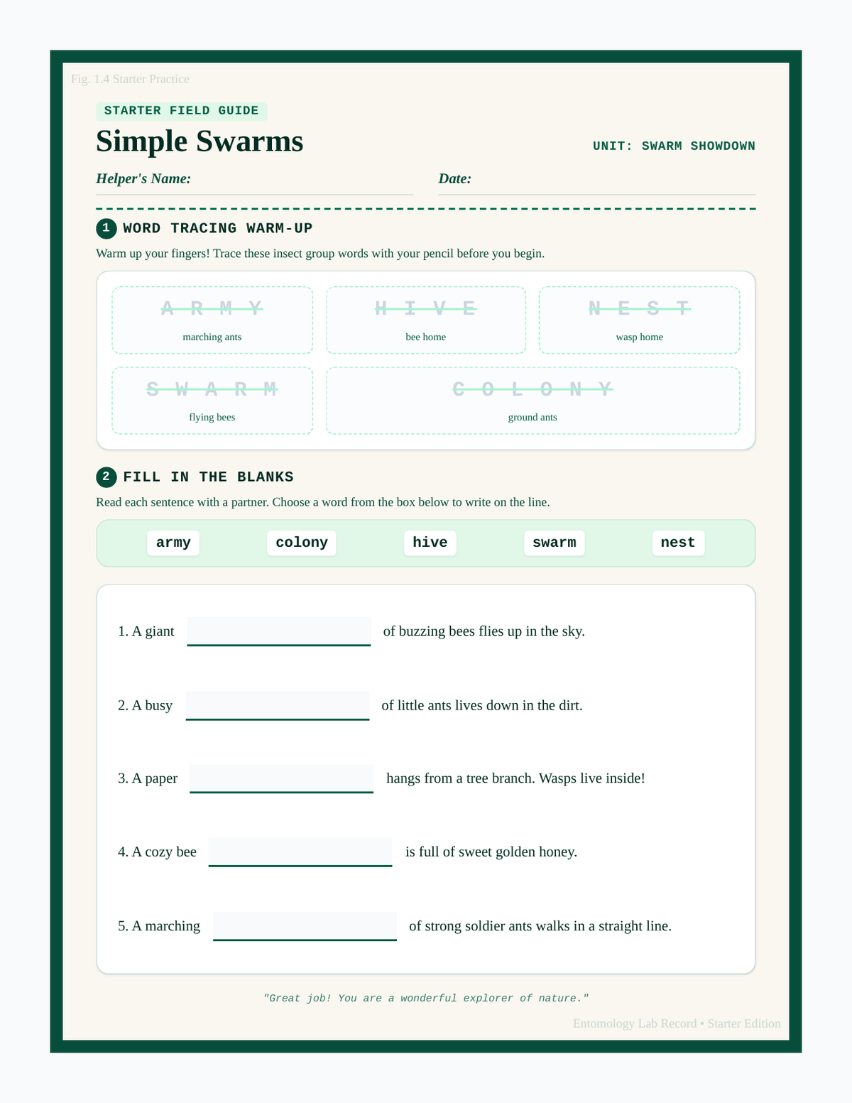 Simple Swarms Worksheet page 1