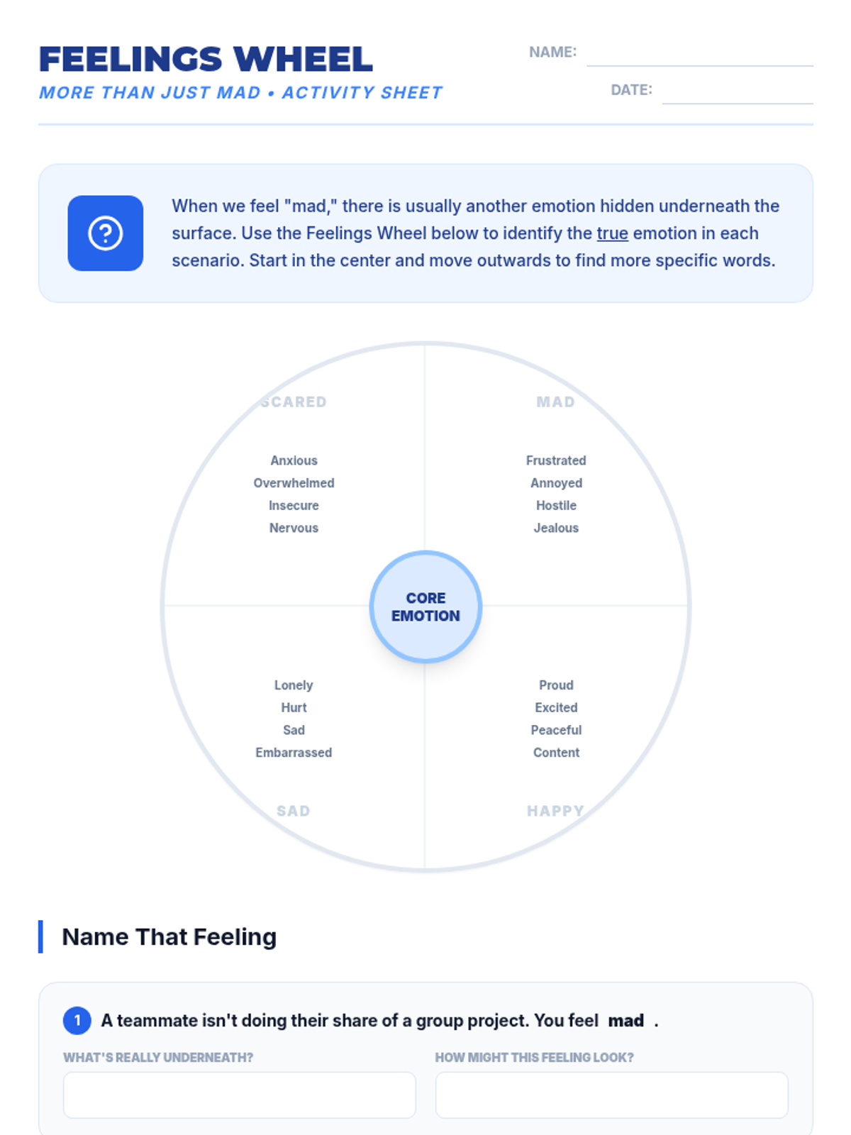 Feelings Wheel Worksheet • Material • Lenny Learning