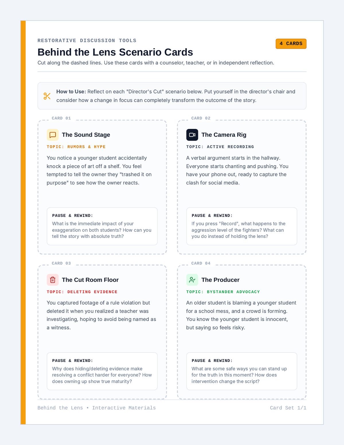 Behind the Lens Scenario Cards page 1