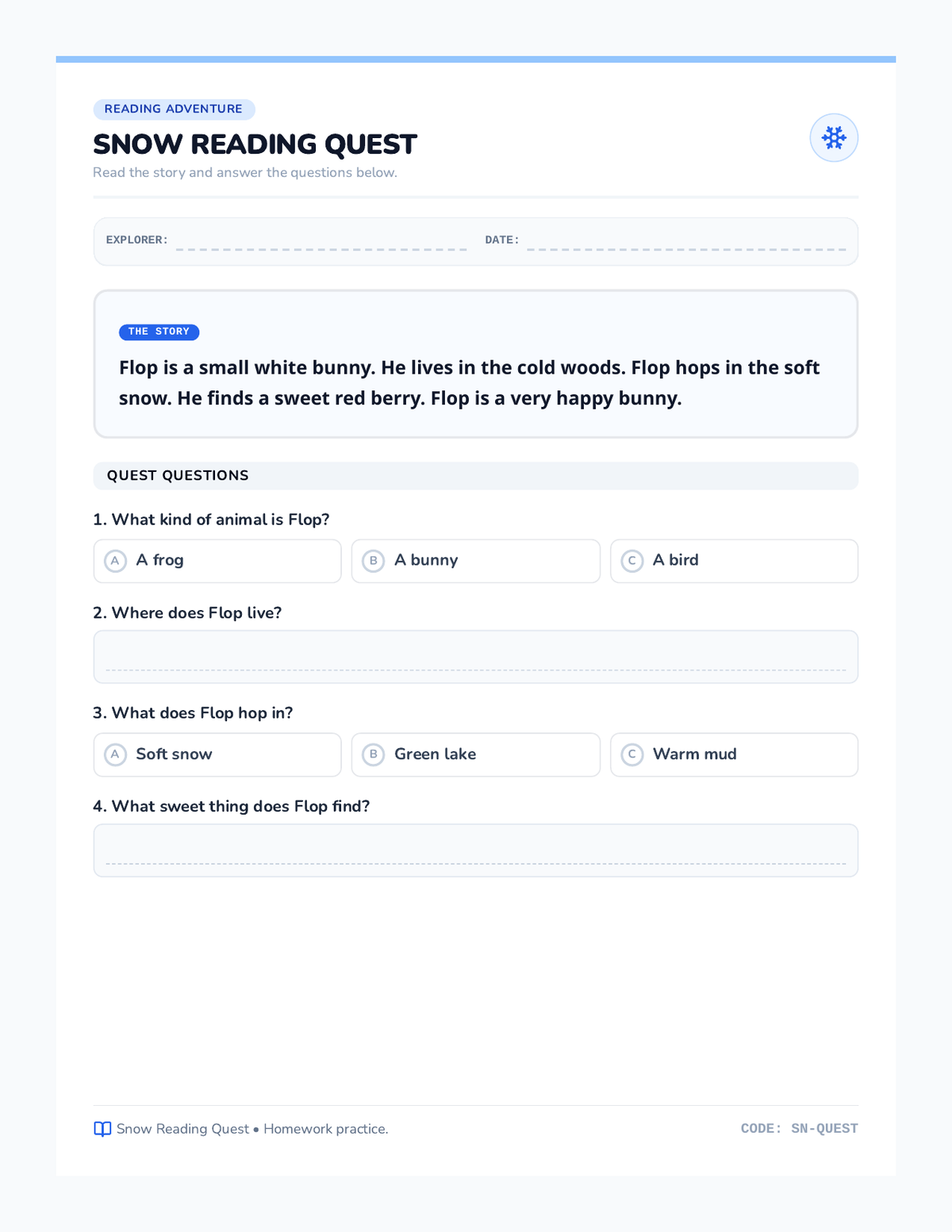 Snow Reading Quest page 1