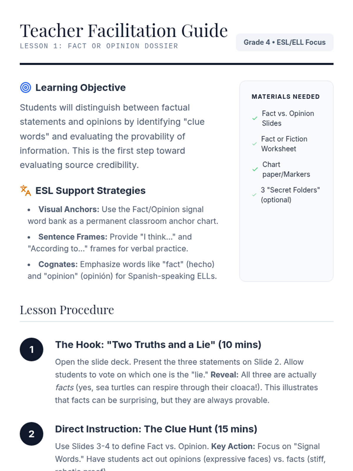 Fact or Opinion Teacher Guide