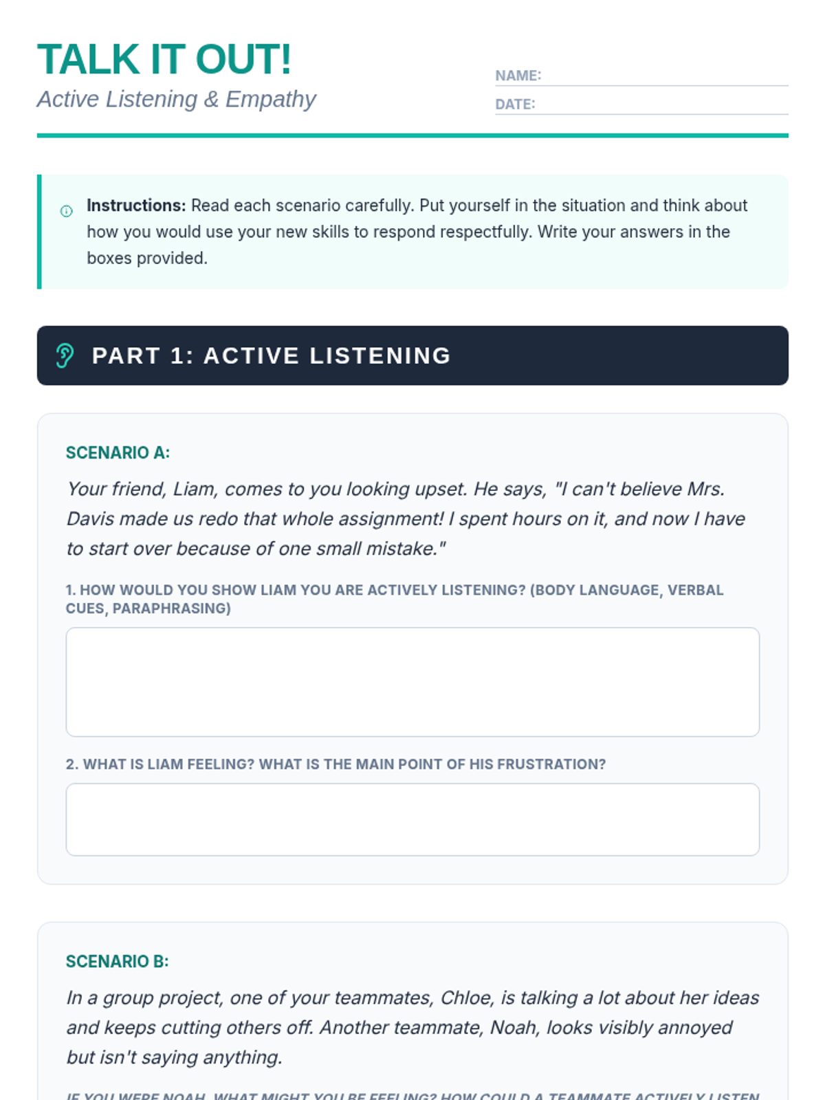 Active Listening & Empathy Worksheet • Material • Lenny Learning