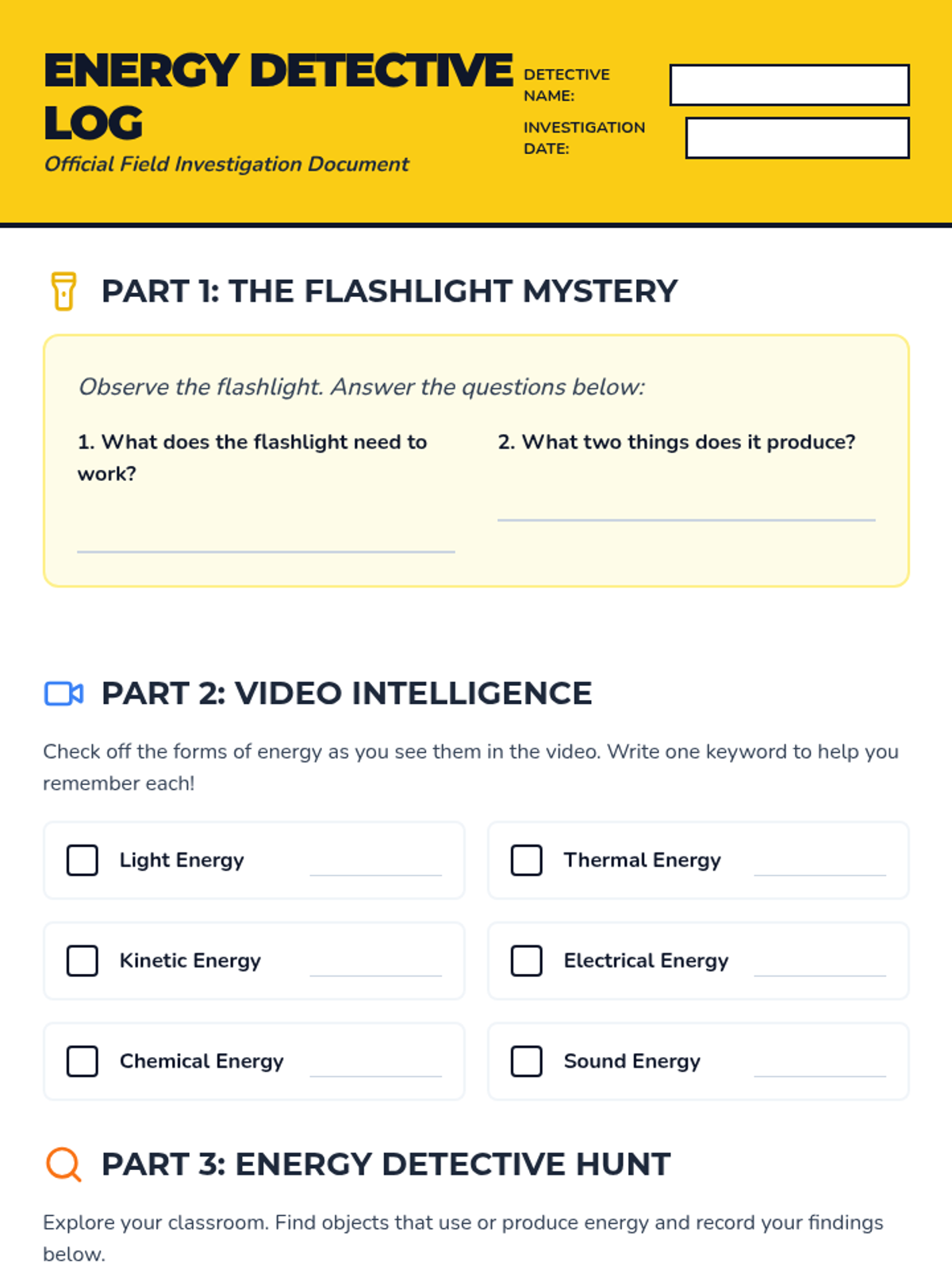 Energy Detective Log Worksheet • Material • Lenny Learning