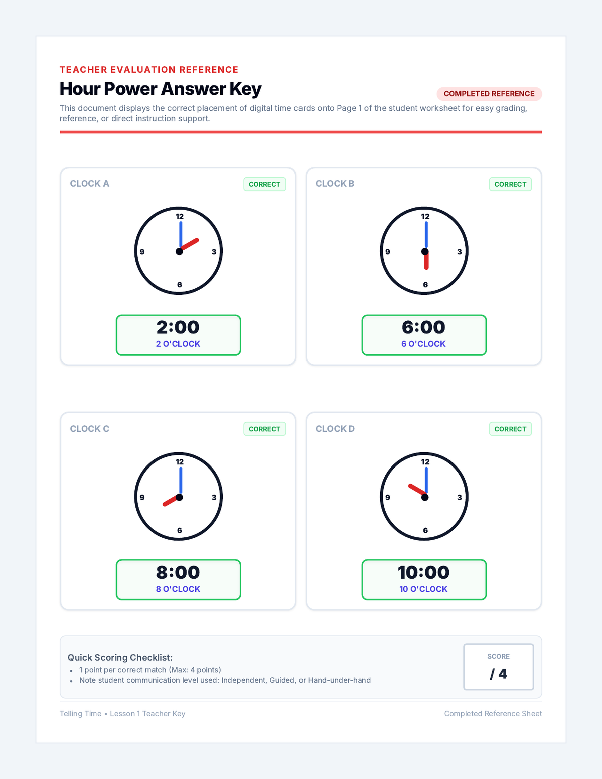 Hour Power Answer Key page 1