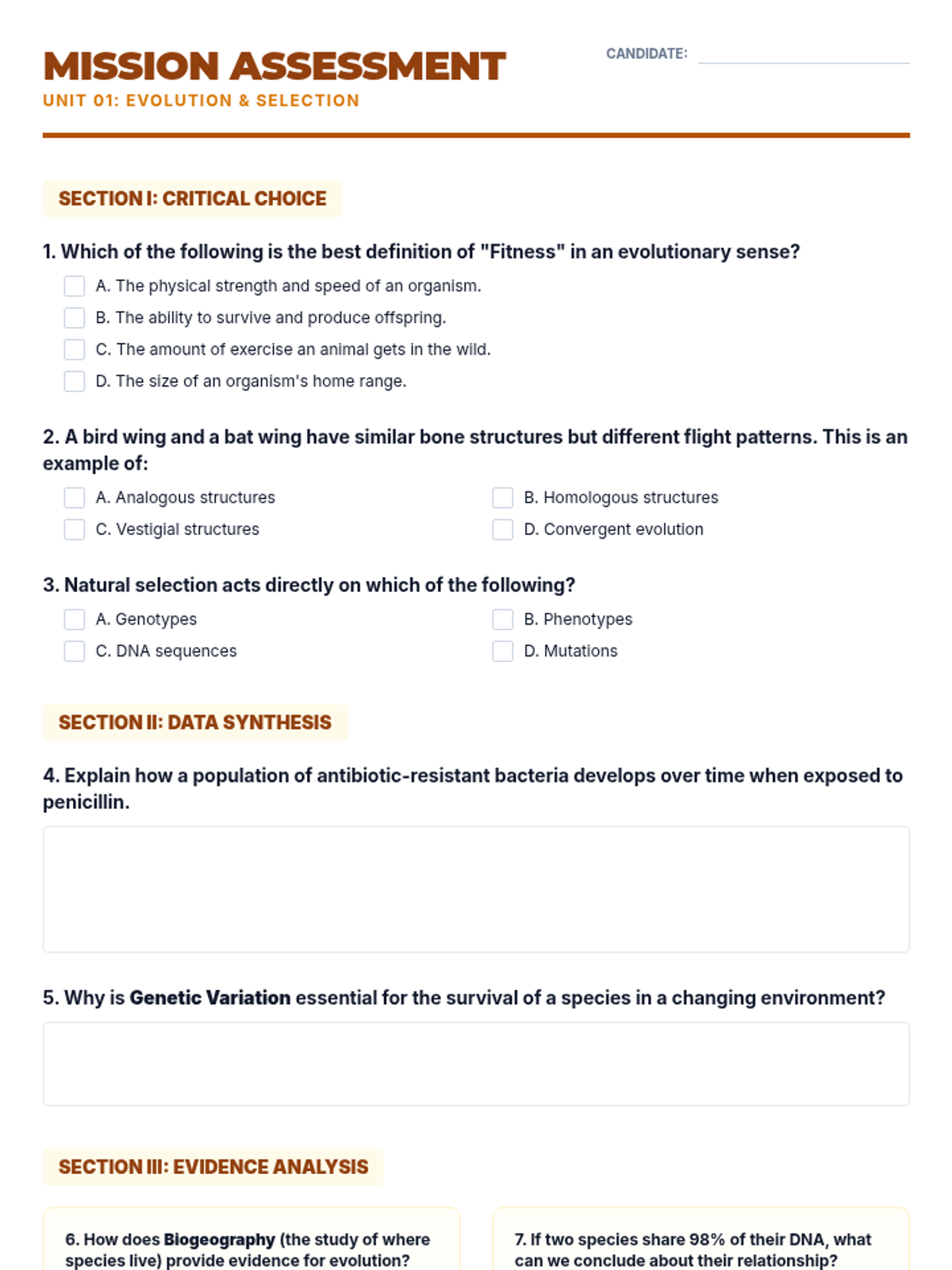 Evolution Assessment Quiz