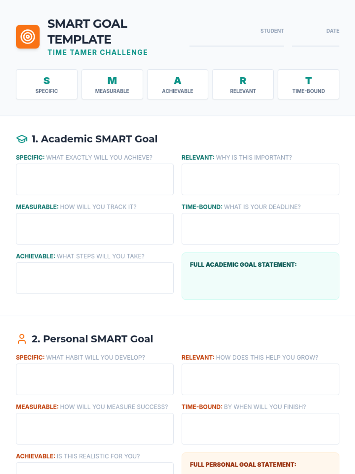 Goal Setting SMART Template Worksheet • Material • Lenny Learning