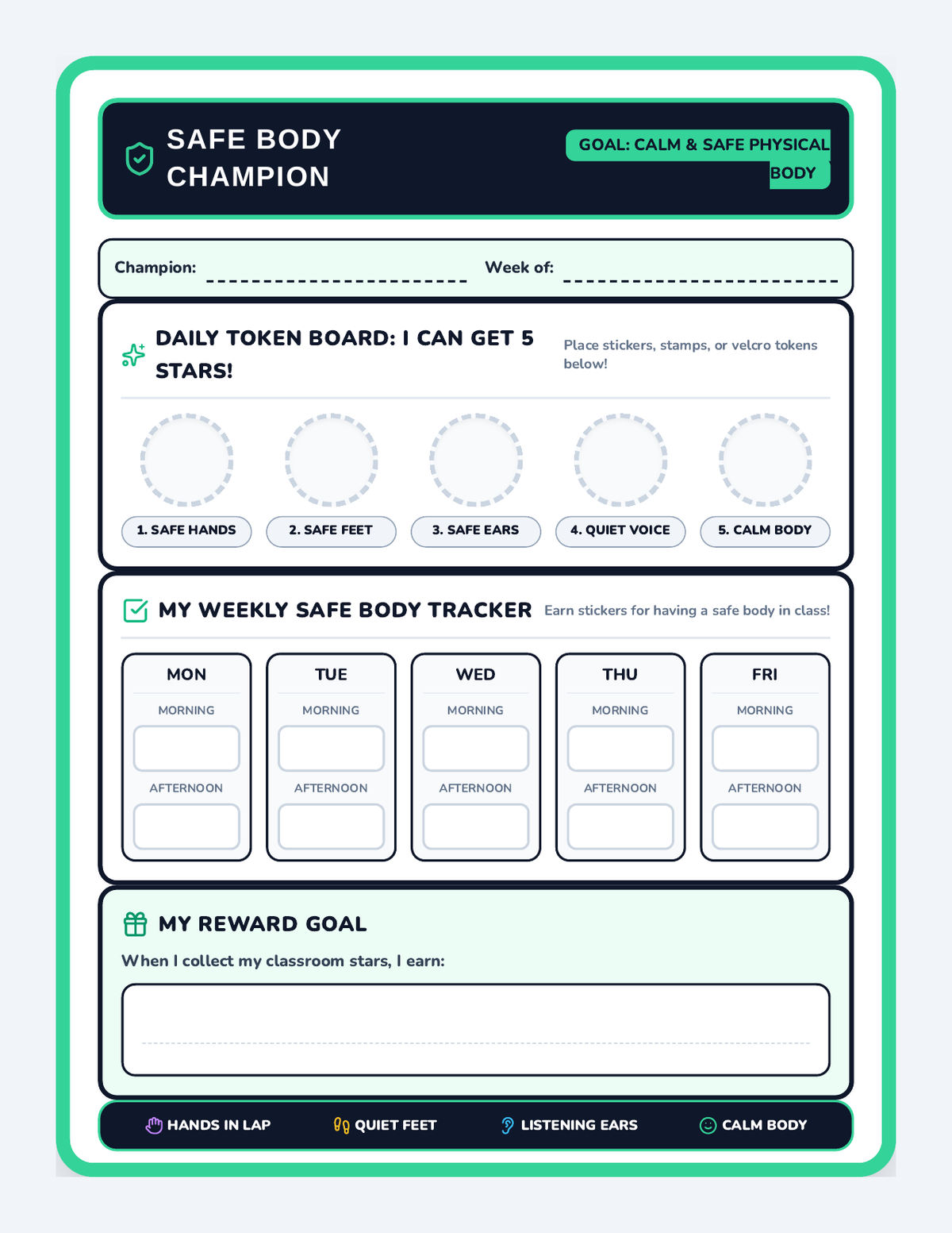 Classroom Safe Body Token Board page 1