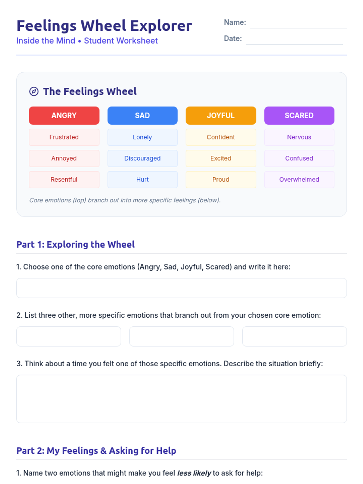 Feelings Wheel Worksheet • Material • Lenny Learning