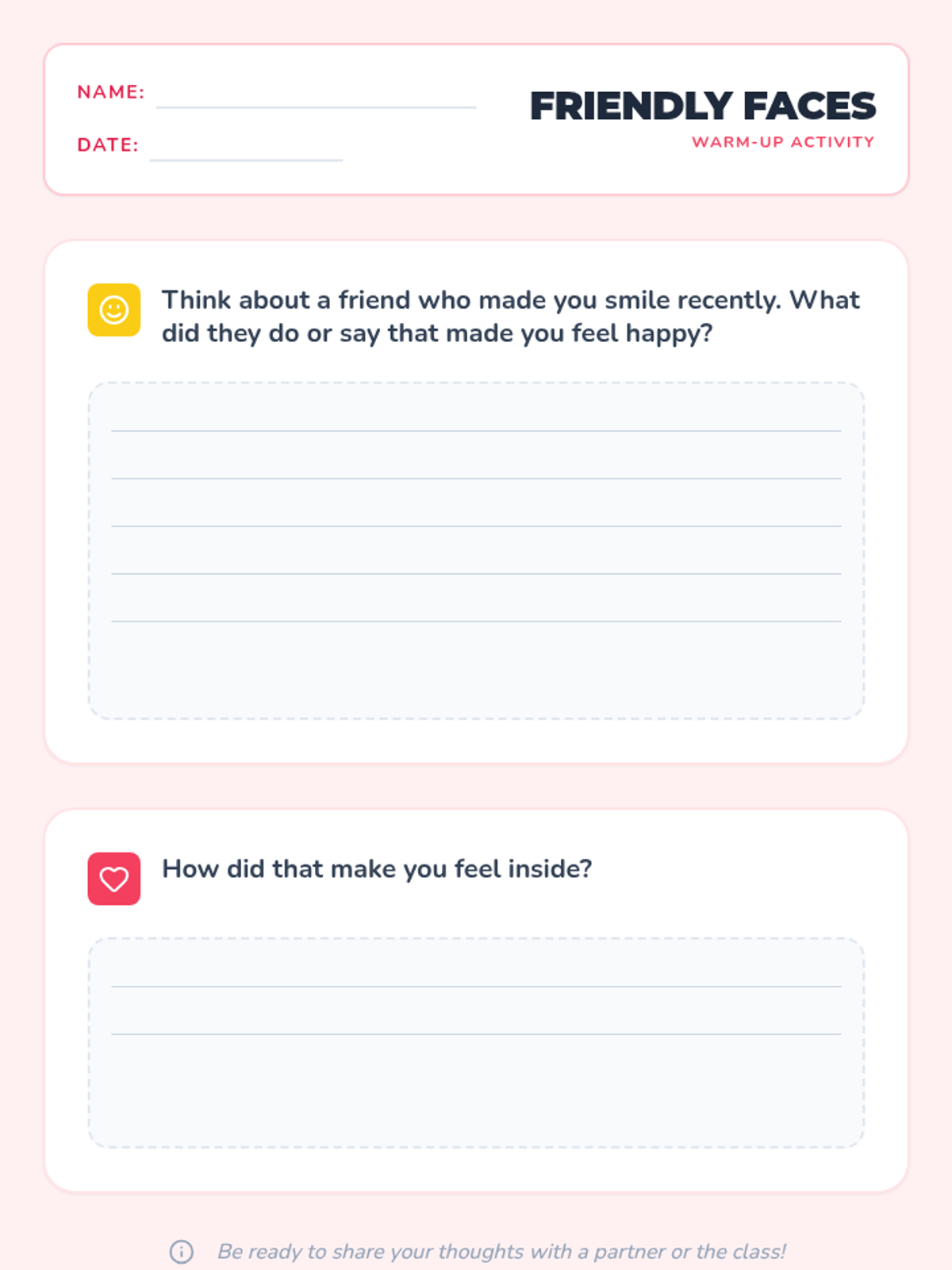 Friendly Faces Warm-Up Worksheet • Material • Lenny Learning