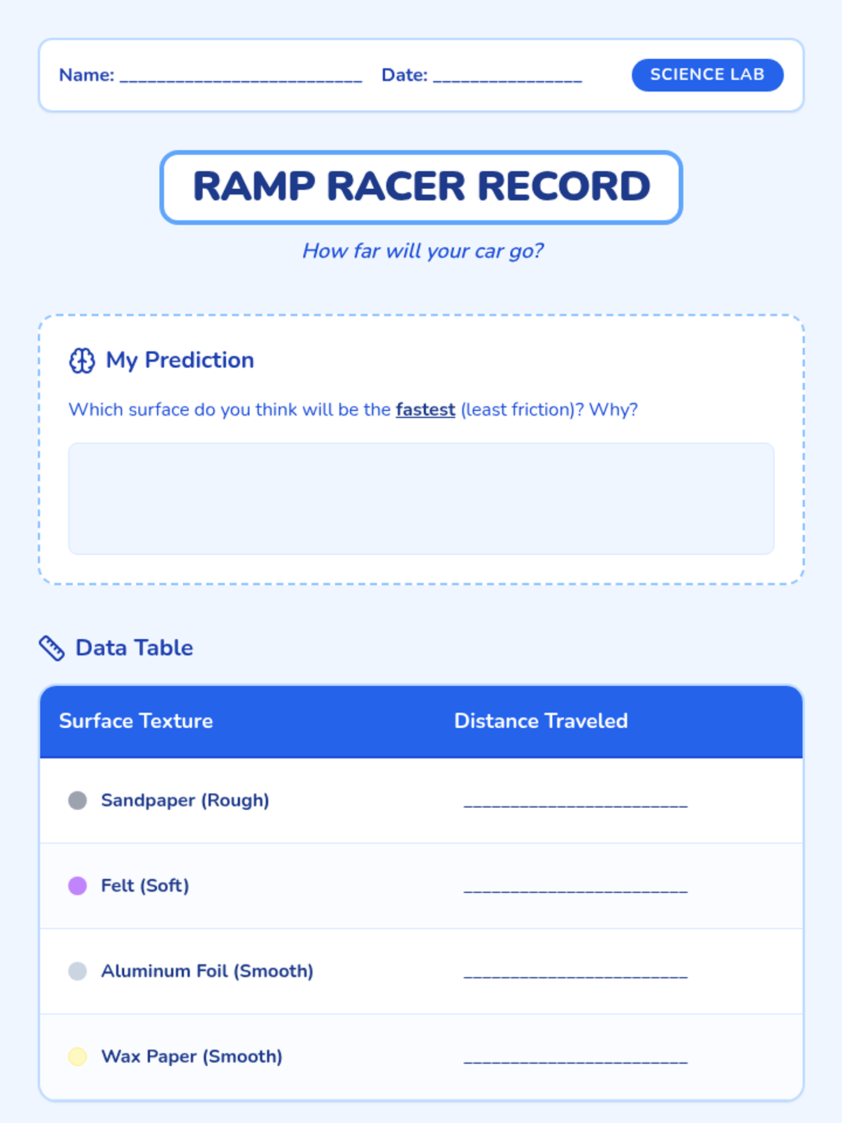 Ramp Racer Record Worksheet • Material • Lenny Learning