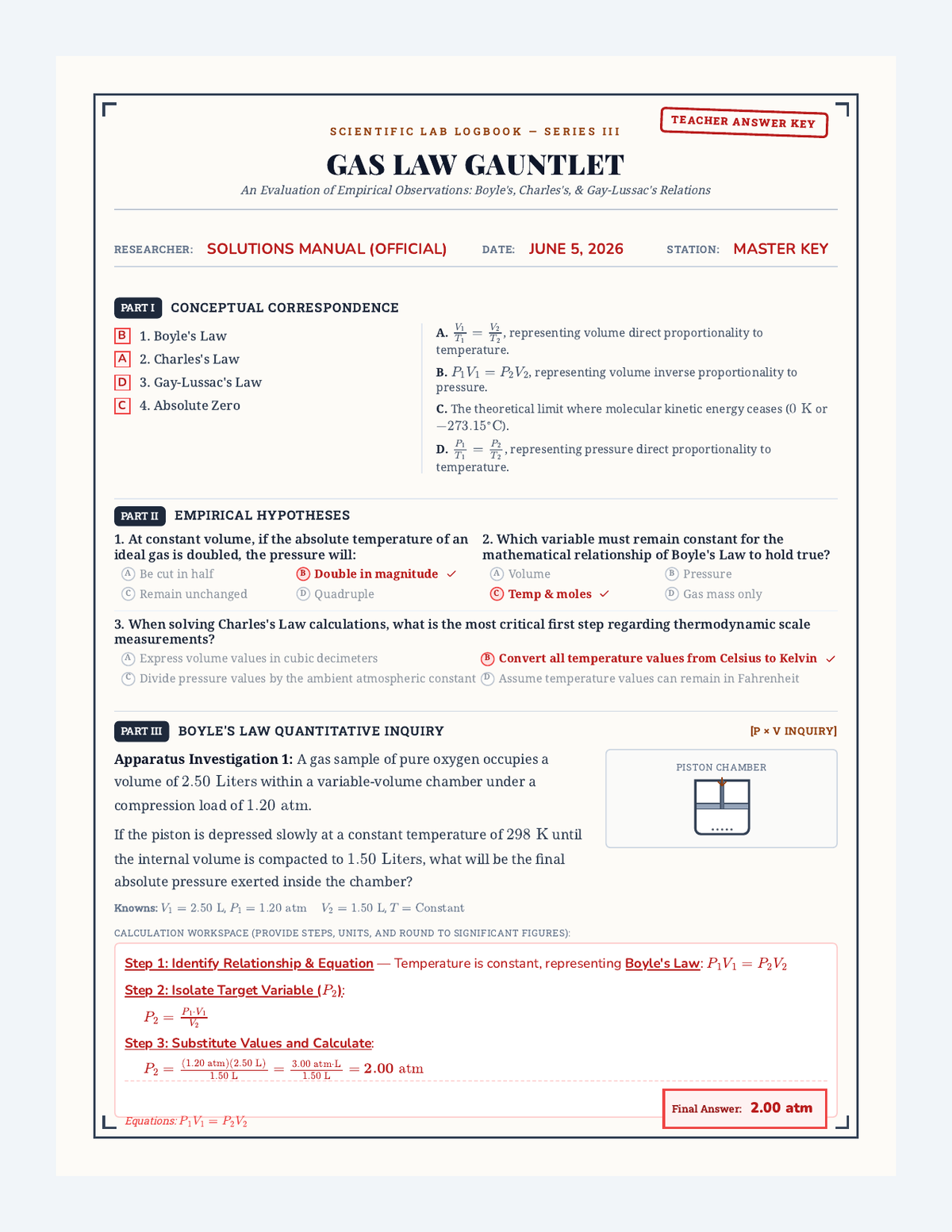 Gas Law Quiz Answer Key page 1
