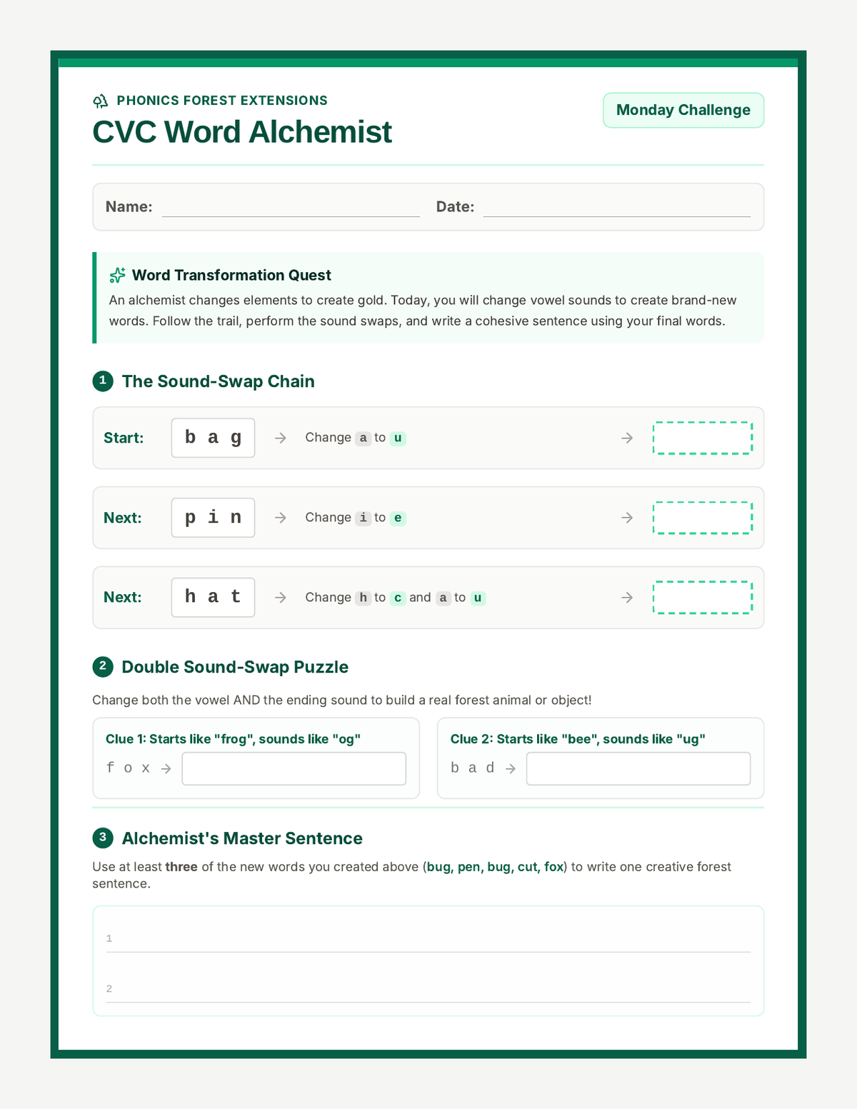 Phonics Forest Extensions Worksheet page 1