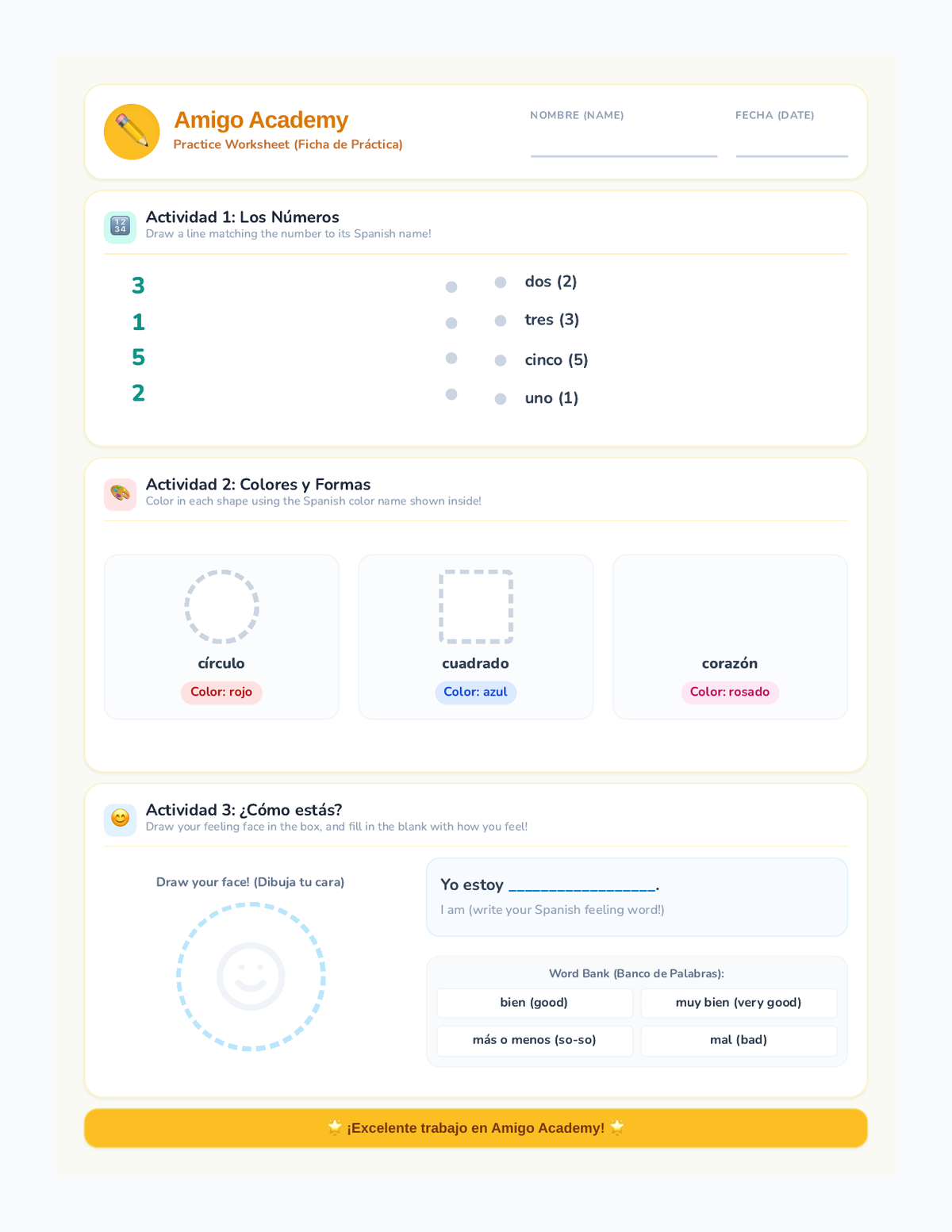 Amigo Academy Worksheet page 1