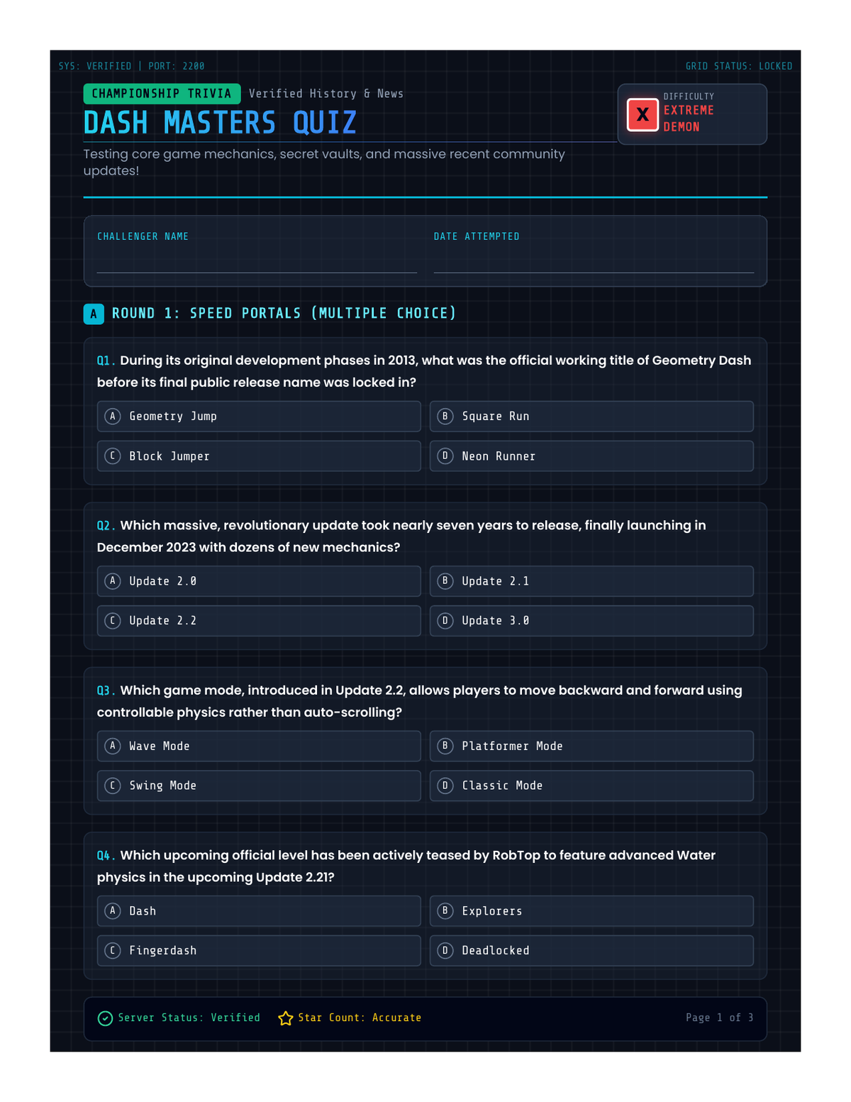 Dash Masters Quiz page 1